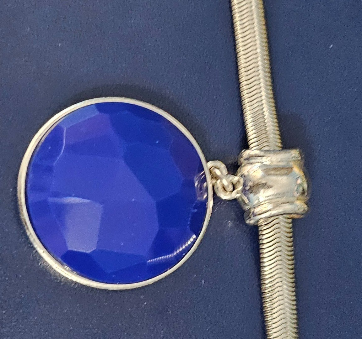 Vintage Crown Trifari Flexible Snake Chain and Large Faceted Blue Stone Pendant
