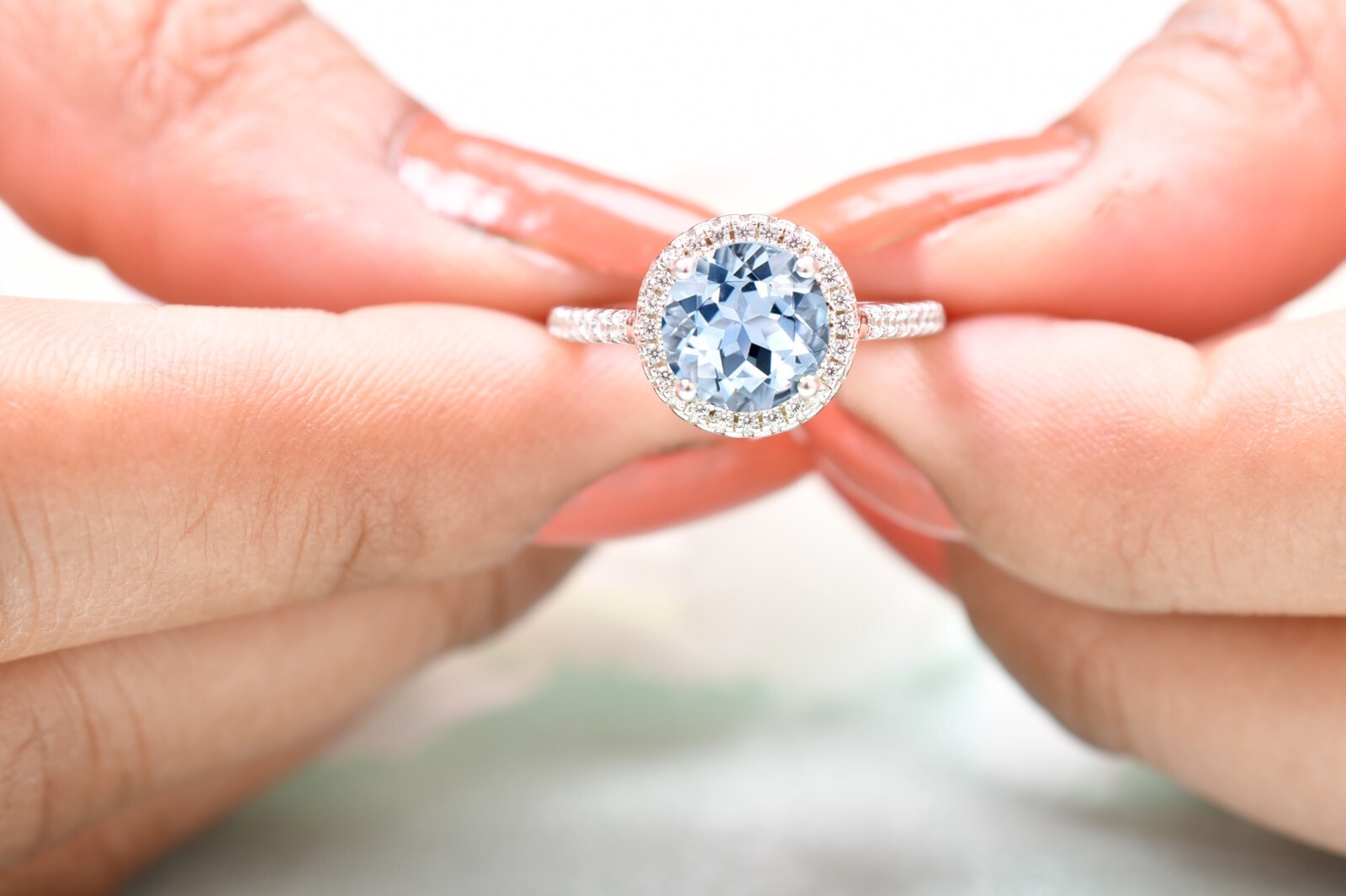 Round Cut Aquamarine Wedding Ring Anniversary Gift For Her Couple Ring Halo Ring