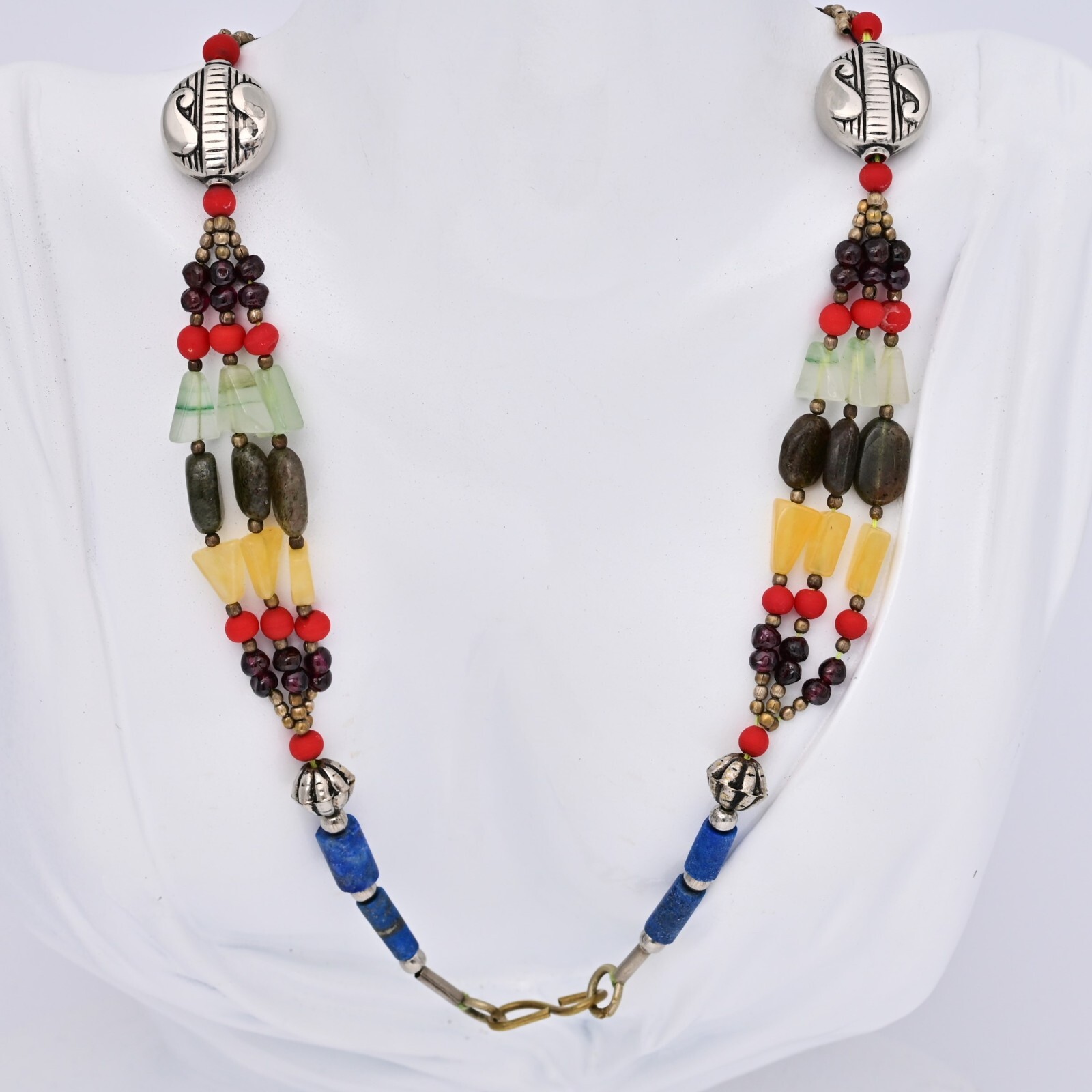 Vintage Original Sterling Silver Tribal Multi Gemstone Pendant Estate Necklace