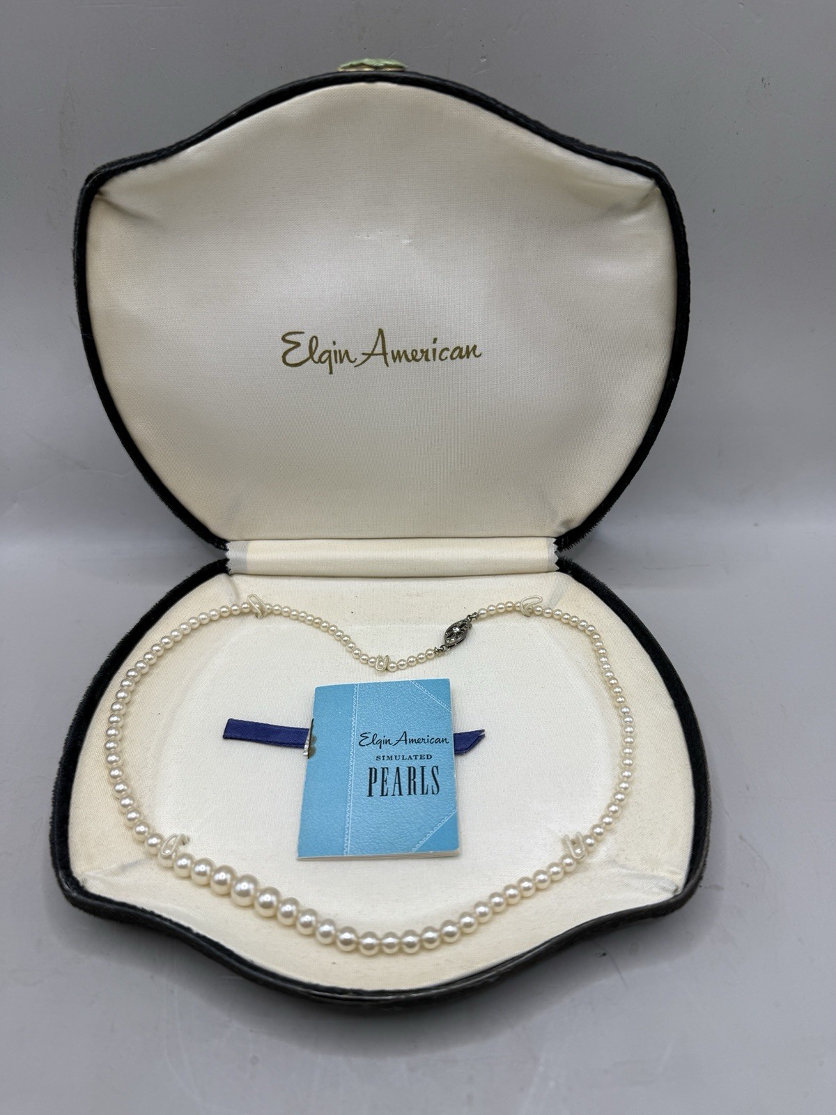 Vintage Elgin Simulated Pearl Necklace 16″ MCM w/Clamshell Box Sterling Clasp