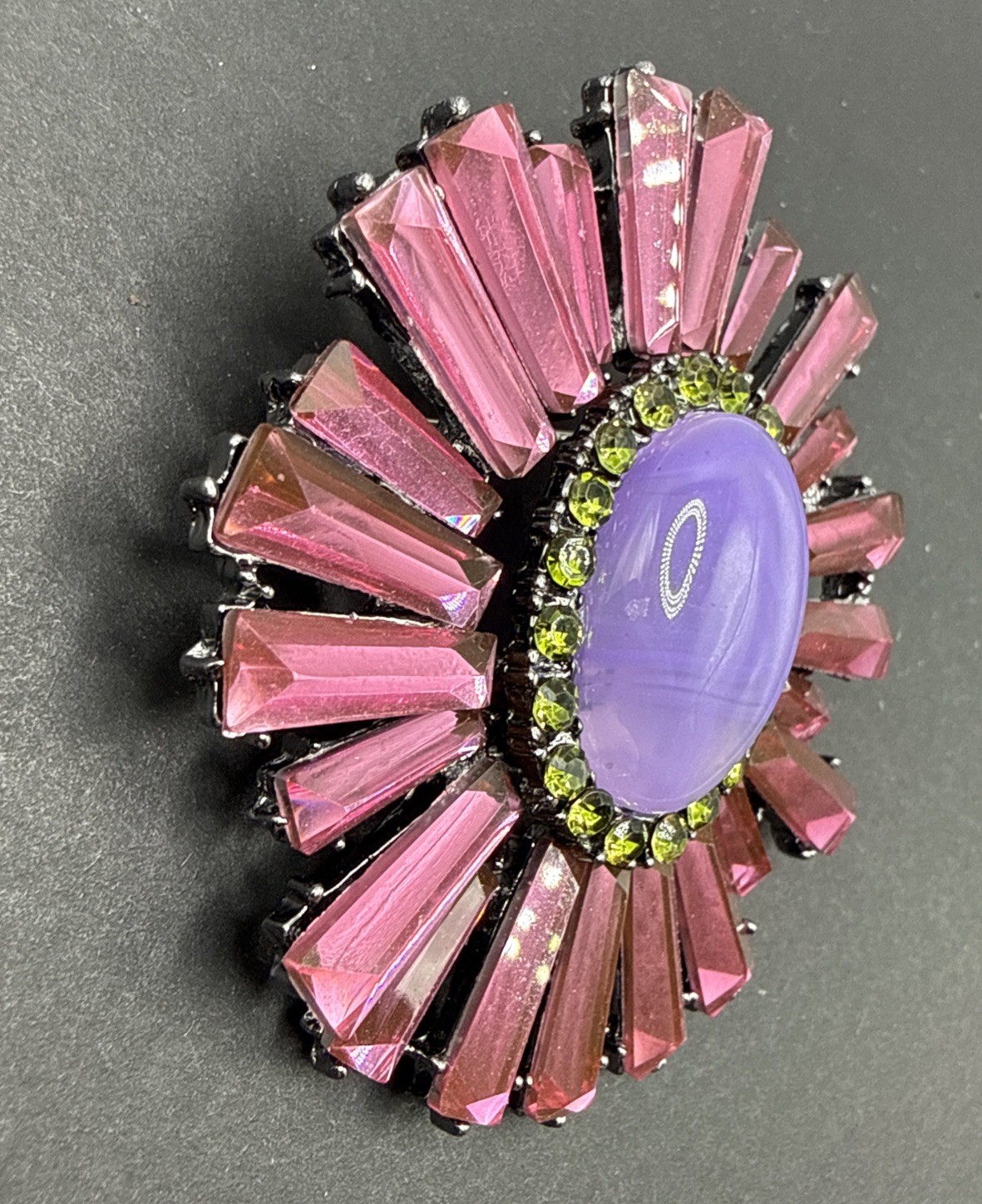 HUGE Brooch Pin Pink Purple Green Rhinestone Oval Ruffle J58