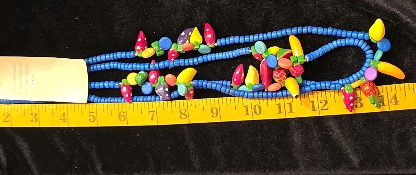 VINTAGE 80s PETITE SOPHITICATE FRUIT CHARM MULTIPLE STRAND COLORFUL 28″ NECKLACE