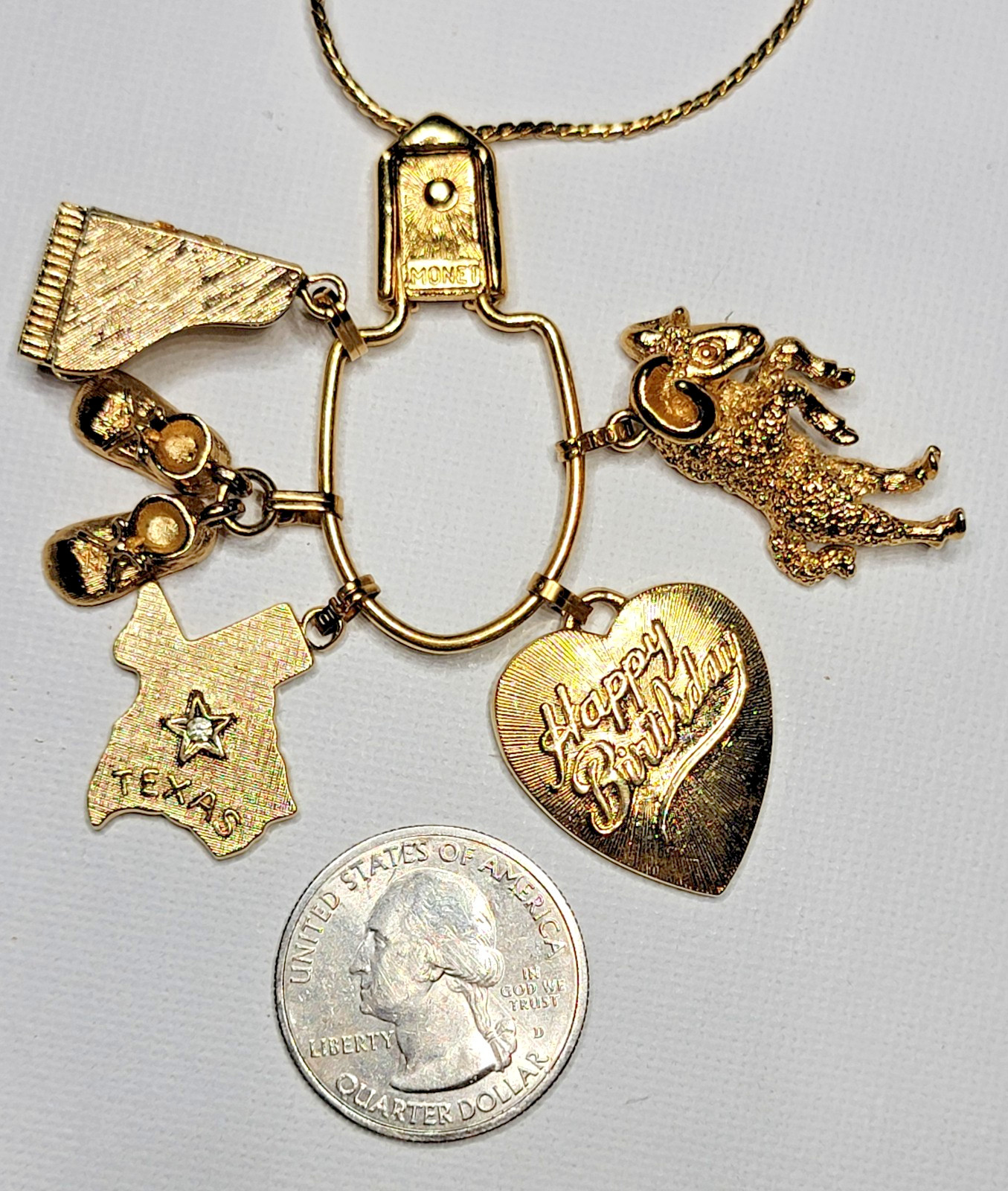 VTG 1970s MONET Gold-Tone CHARM Holder Necklace Texas Ram Piano Birthday Shoes