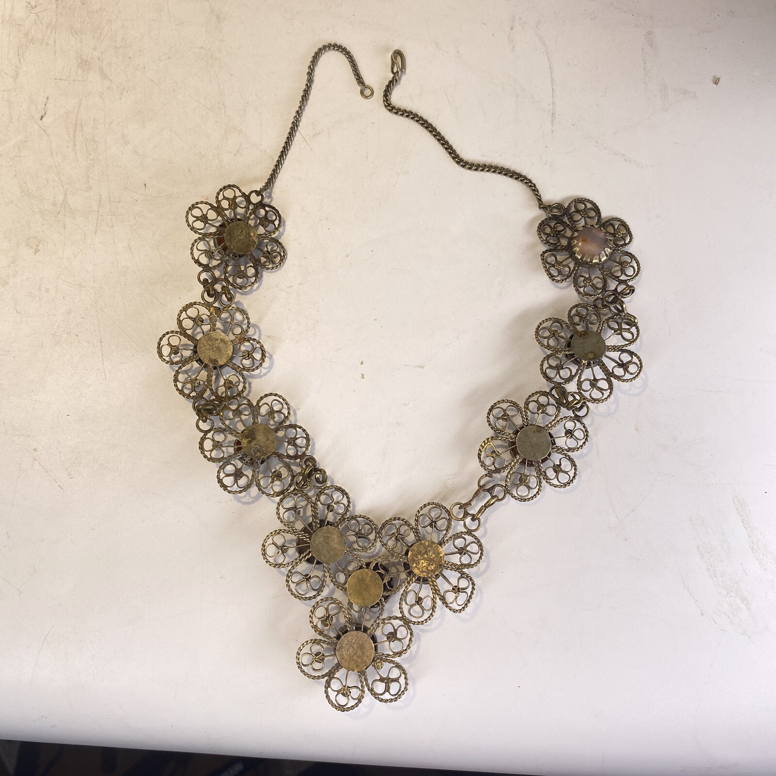 Vintage Handmade German Silver Filigree Semi Precious Stones Statement Necklace