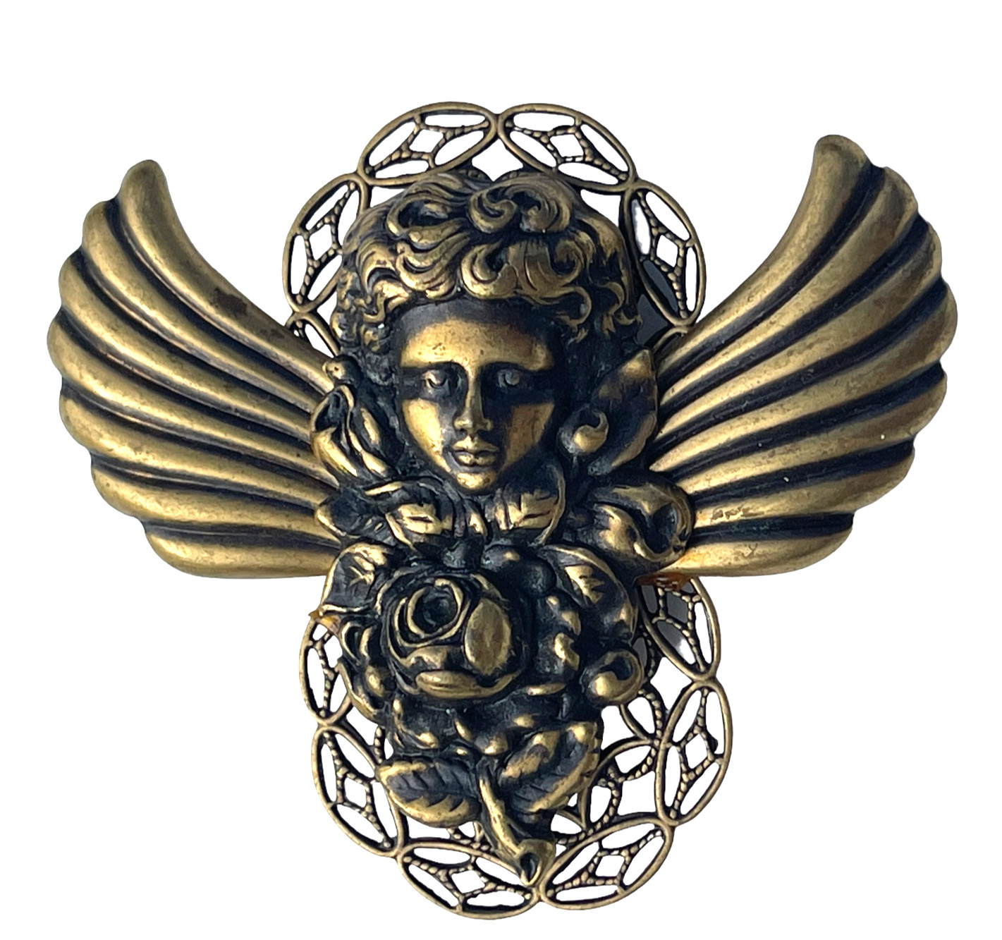 VTG Christmas Angel Brooch Rose Filigree Wings Cabochon Antique Gold Tone Pin