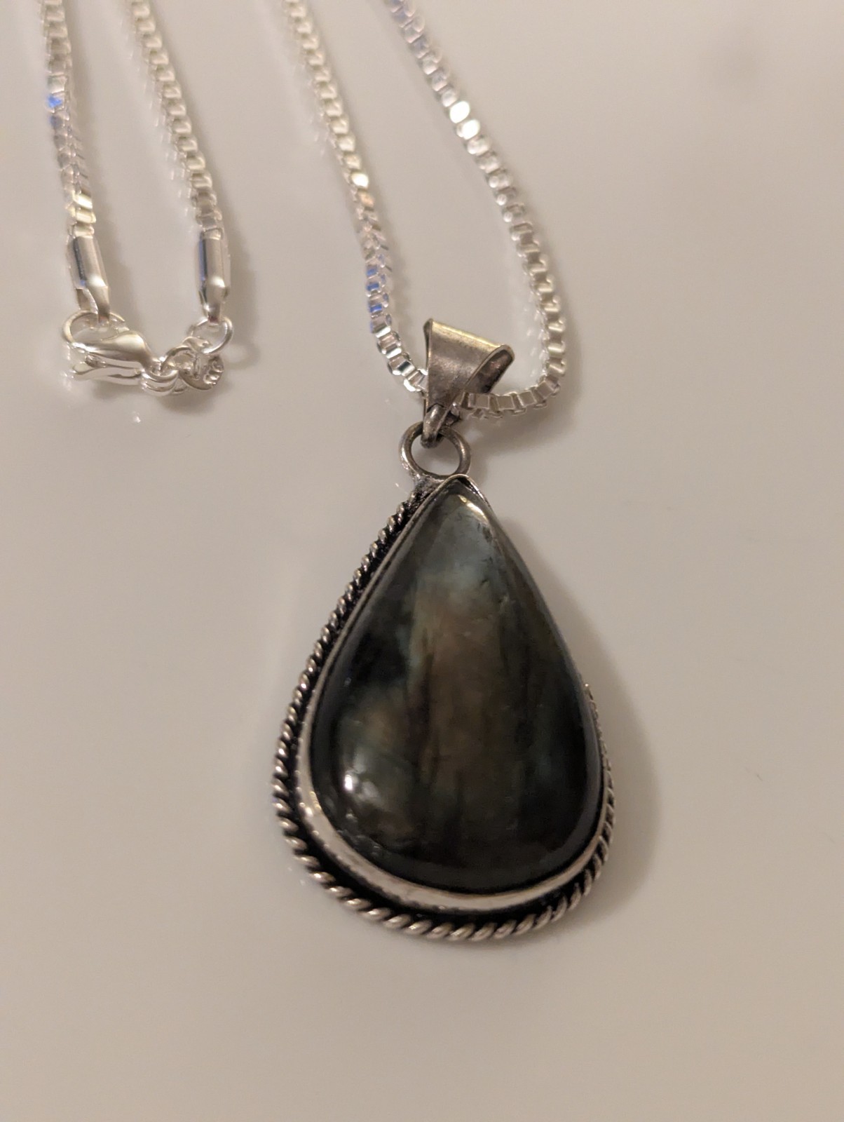 Vintage Sterling Silver Labradorite Oval Pendant on New 925 Box Chain Gift Ready