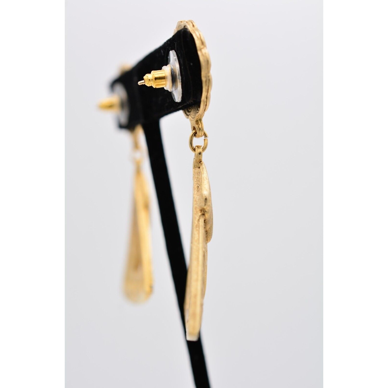 Vintage Statement Dangle Earrings Brushed Gold Floral Heavy Chunky Bold BinAZ