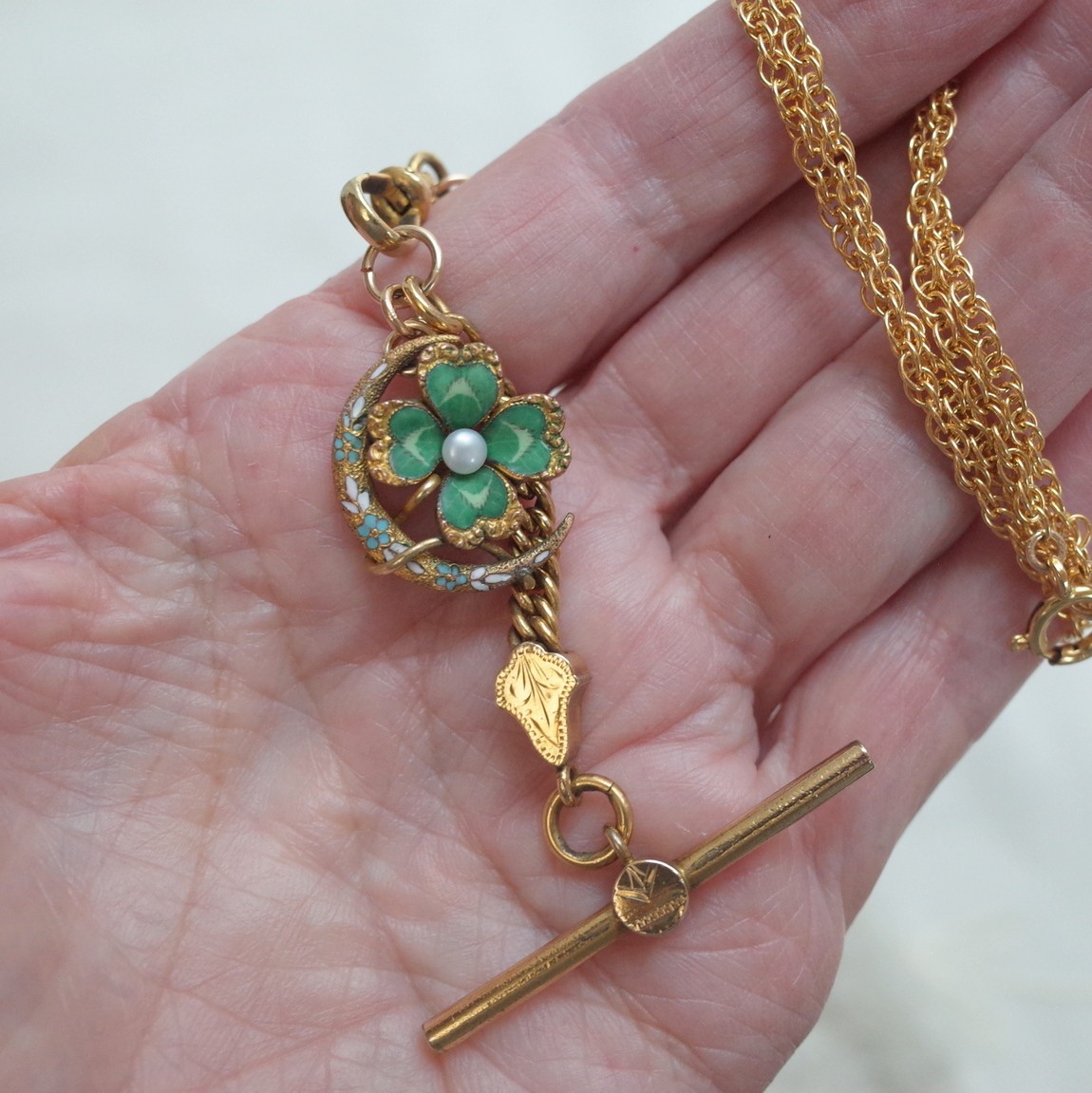 Antique Rolled Gold Enamel Four Leaf Clover & Crescent Pendant Necklace Pearl