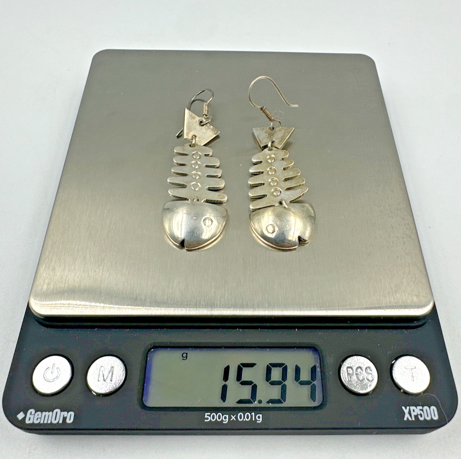 Vtg Taxco Sterling Silver Articulated Skeleton Bone Fish Dangle Earrings 15.9g