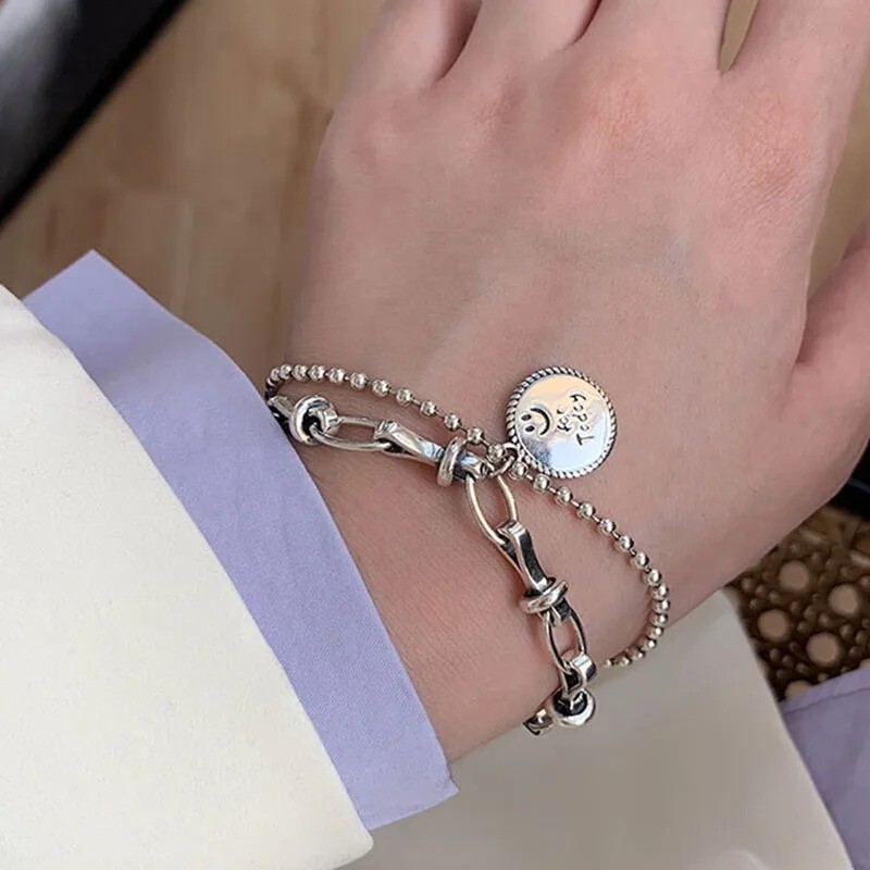 Retro Punk Geometry 925 Sterling Silver Chain Vintage Creative Women Bracelet
