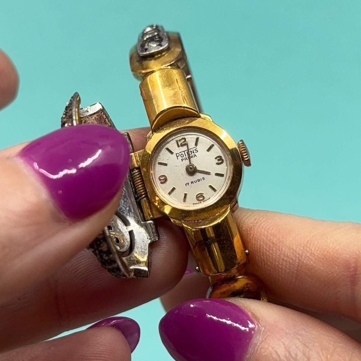 French Potens Prima Hidden Watch Bracelet Paste Set Gold Filled Retro