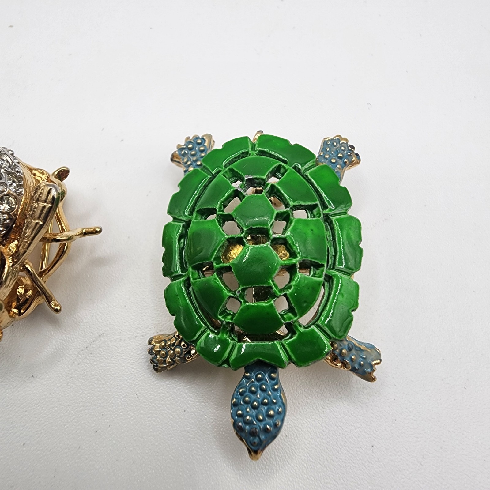 Vintage Brooch Set Turtle & Fly Bee Bug Pins Enamel Animal Rhinestone Gold Toned