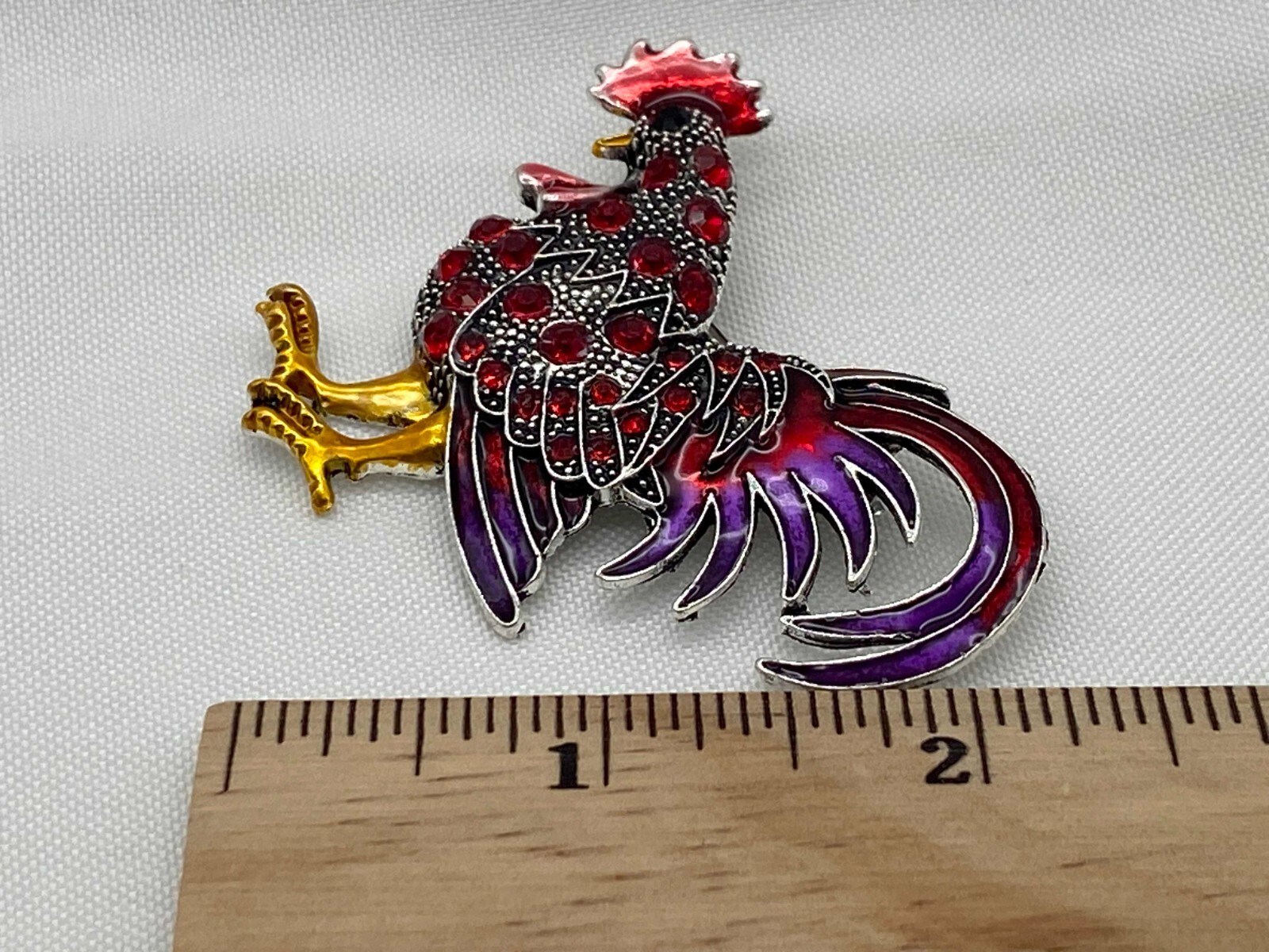 Silver Tone Purple & Rooster with Gold Tone Feet Fashion Pin 2.25