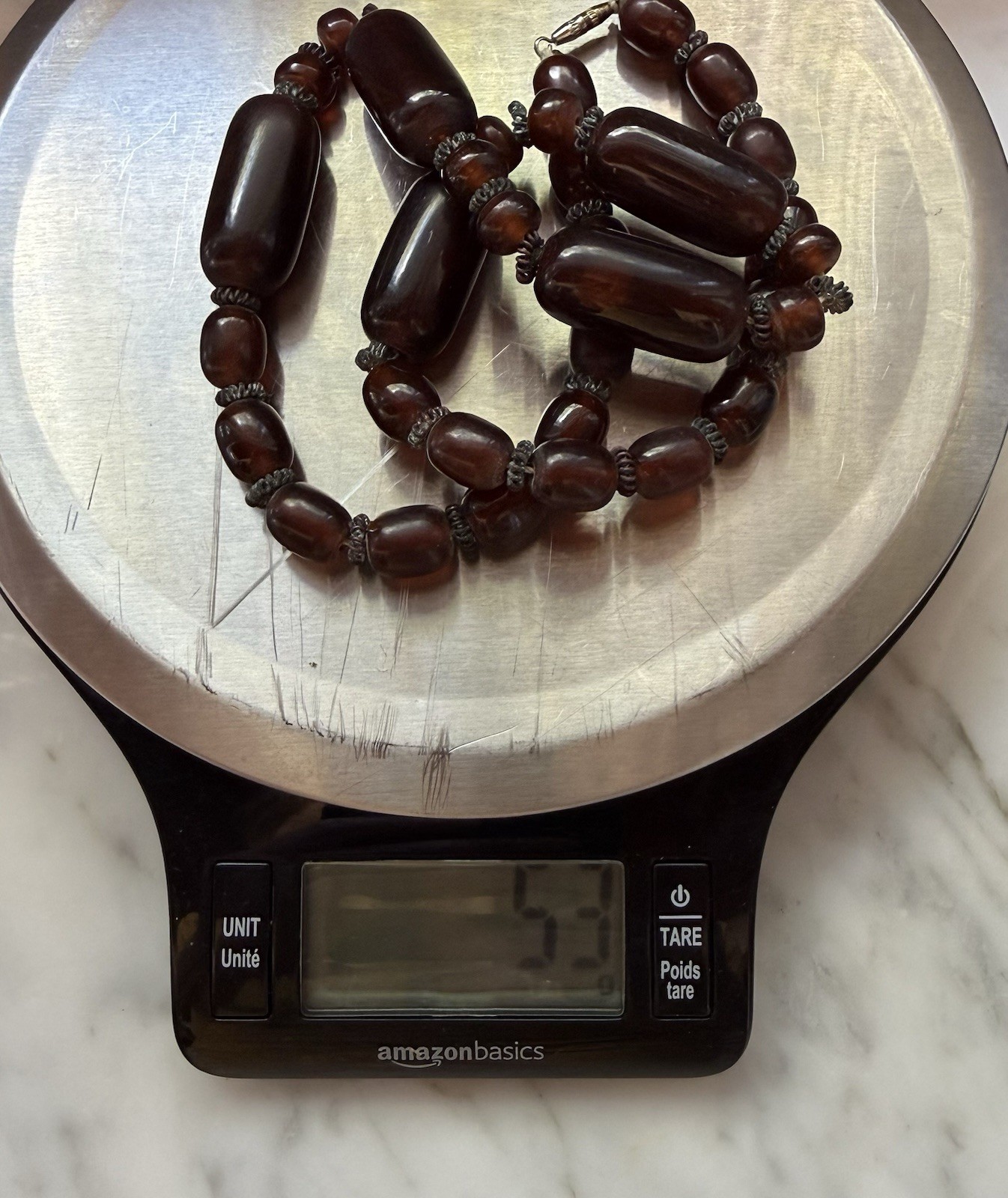 Vintage Cherry Amber Color Phenolic Resin Barrel Bead Necklace 20” 53g