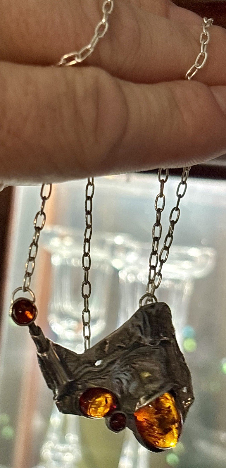 Vintage 17” Sterling & Amber Brutalist Necklace / Amazing!!