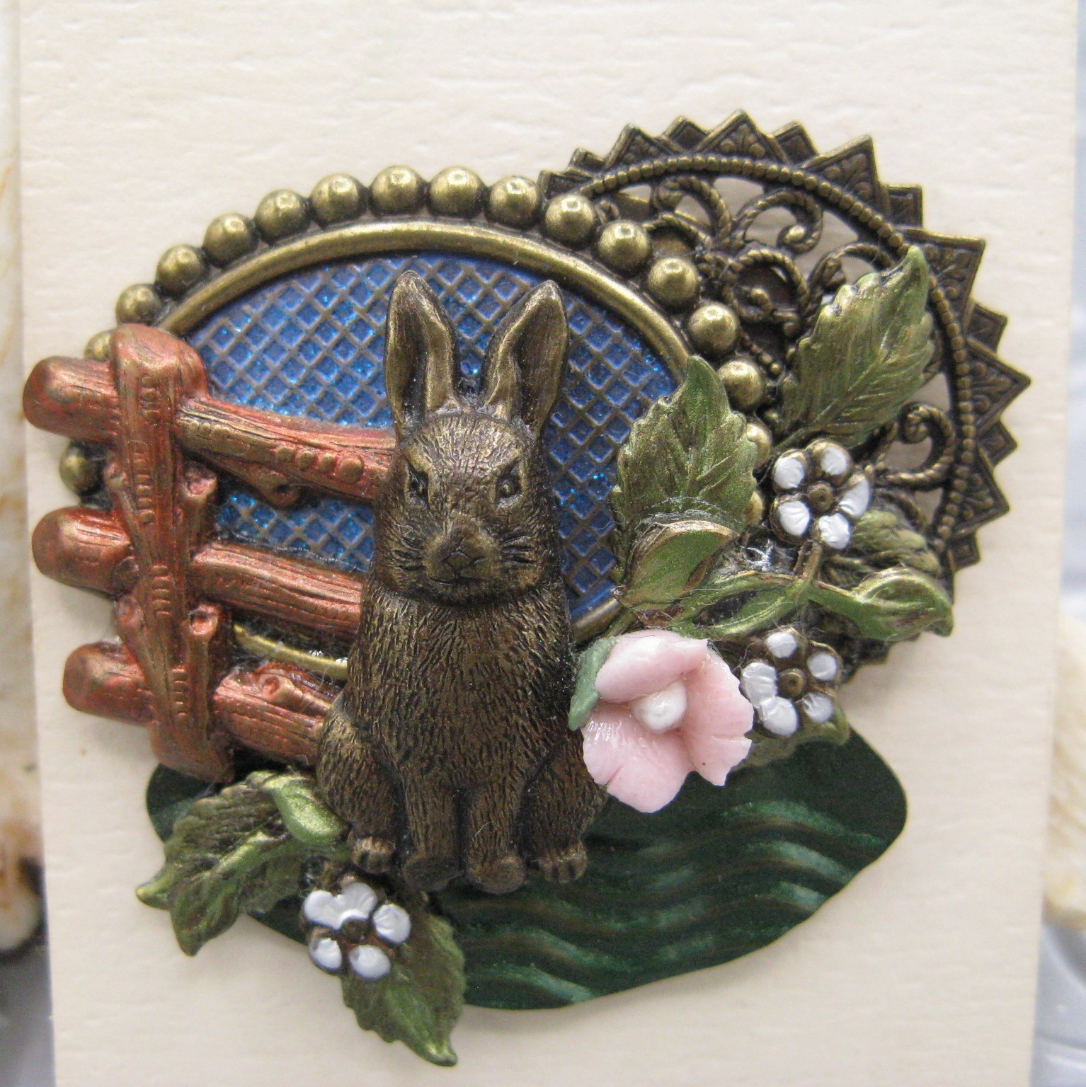 Montage Designs Vtg 1990s Brooch Bunny Rabbit Country Flower Mixed Media Collage