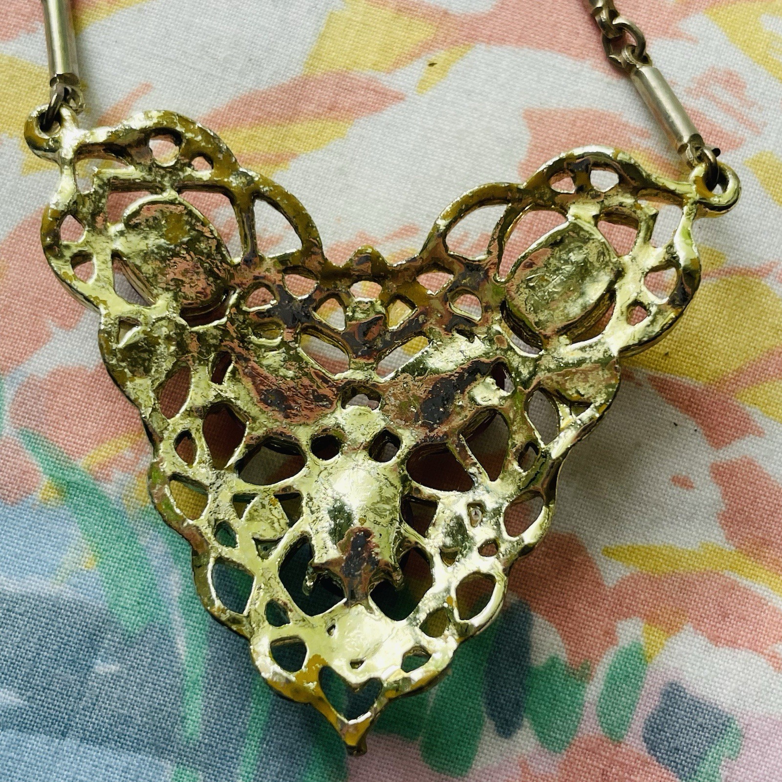 Vintage Chain Link Necklace With Purple Rhinestones Cabochon Beads AS IS
