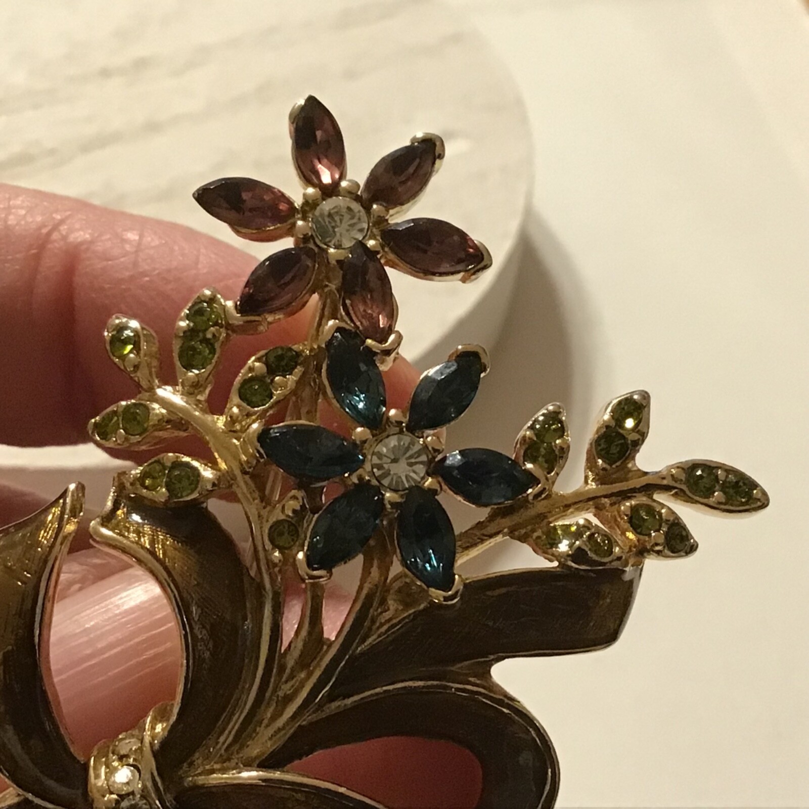VTG Monet Rhinestone Floral Bouquet Brooch Faux Amethyst Peridot Sapphire Estate