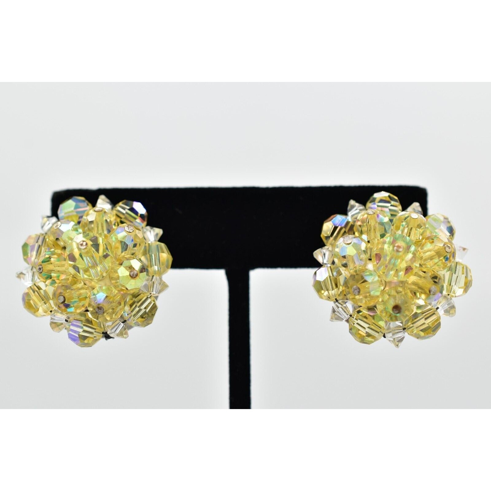 Laguna Vintage Clip On Crystal Earrings Yellow AB Cluster Signed Glam 1950s A24