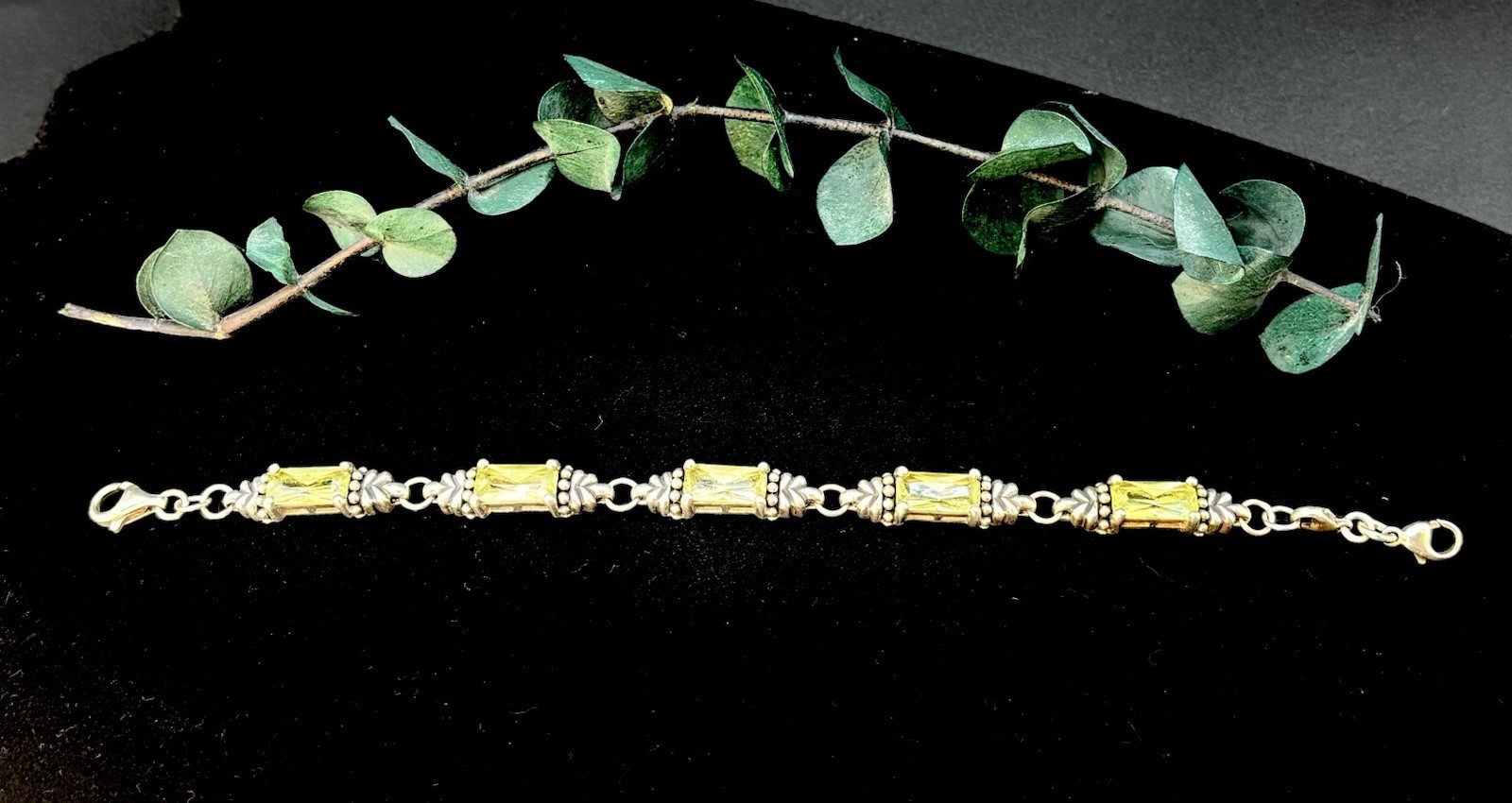 Vintage Sterling Silver 925 Lemon Lime Quartz Crystal Artisan Link Bracelet 6.5″