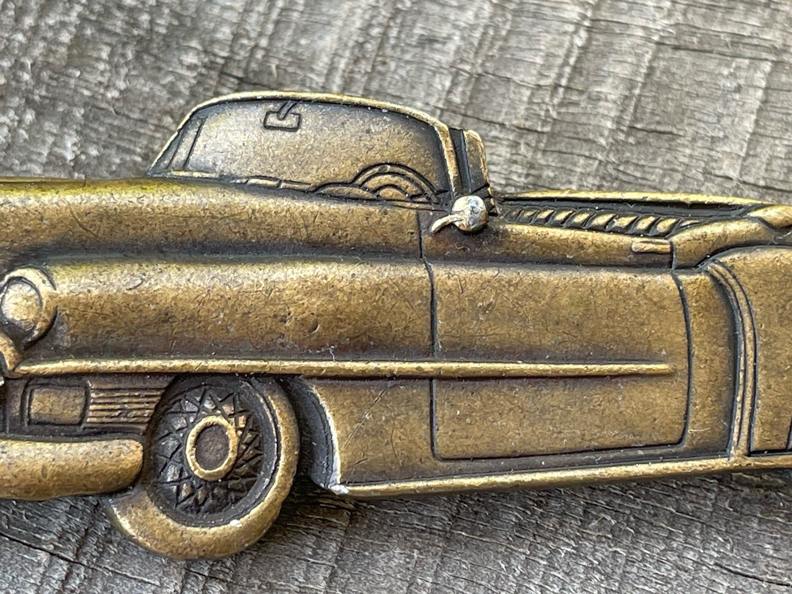 VTG 1950s Cadillac convertible brooch/pin metal alloy dark bronze color 3 1/8 L