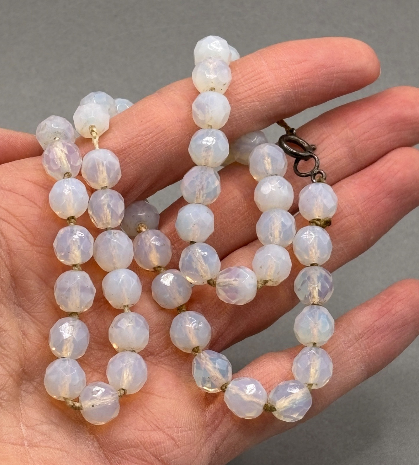 Vintage Opaline Opalite Beaded Necklace Faceted Art Glass Hand Knotted 18″