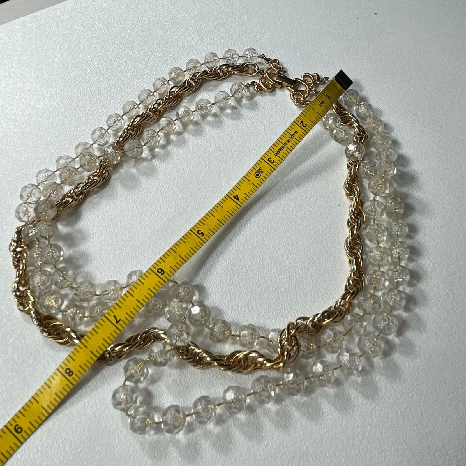 Sarah Coventry Golden Ice 3 strand necklace Lucite beads and gold tone rope chai