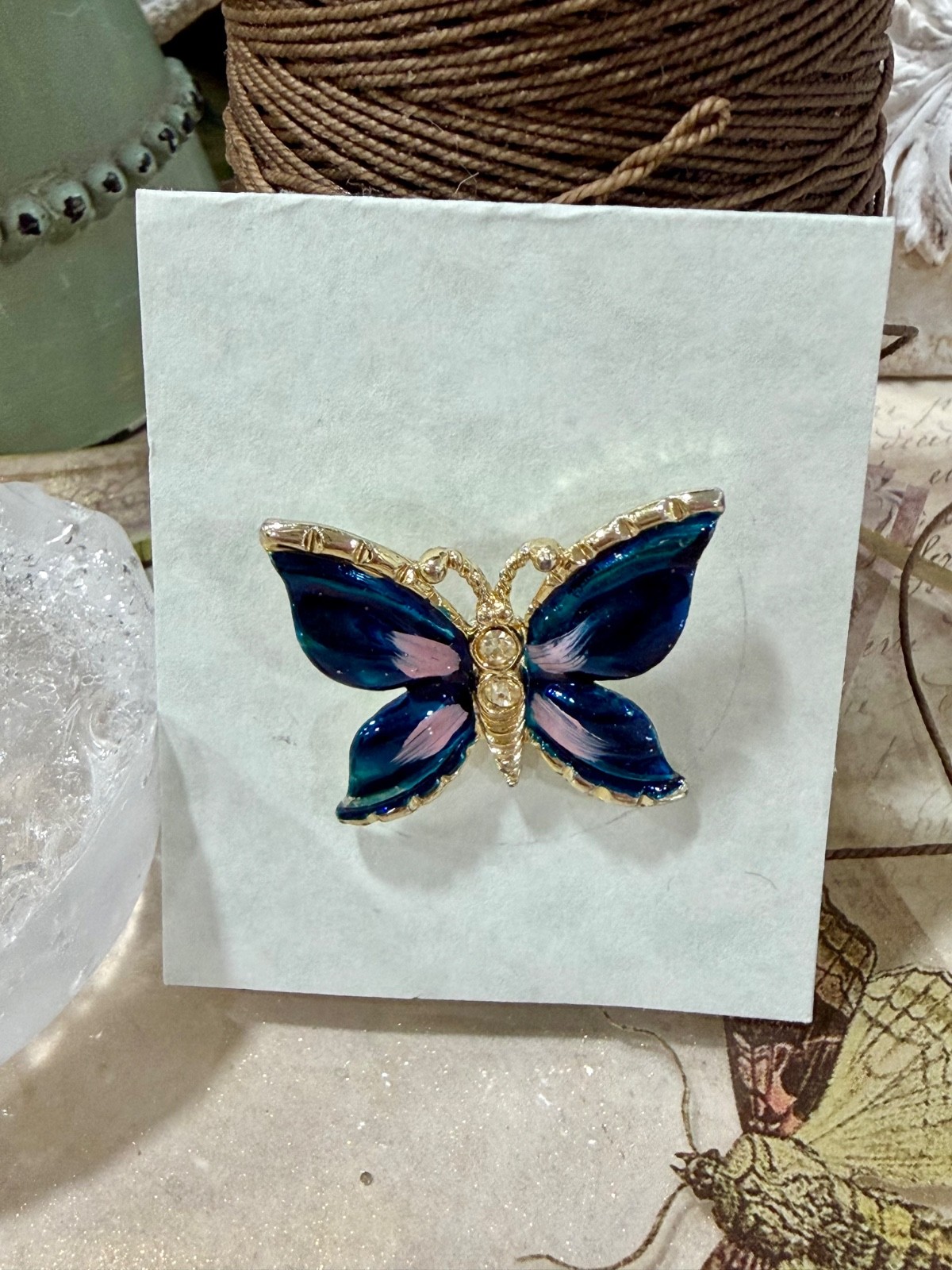 Enameled Butterfly Pin, Blue & Pink With Rhnestone Accents, Gift for Her, Mom