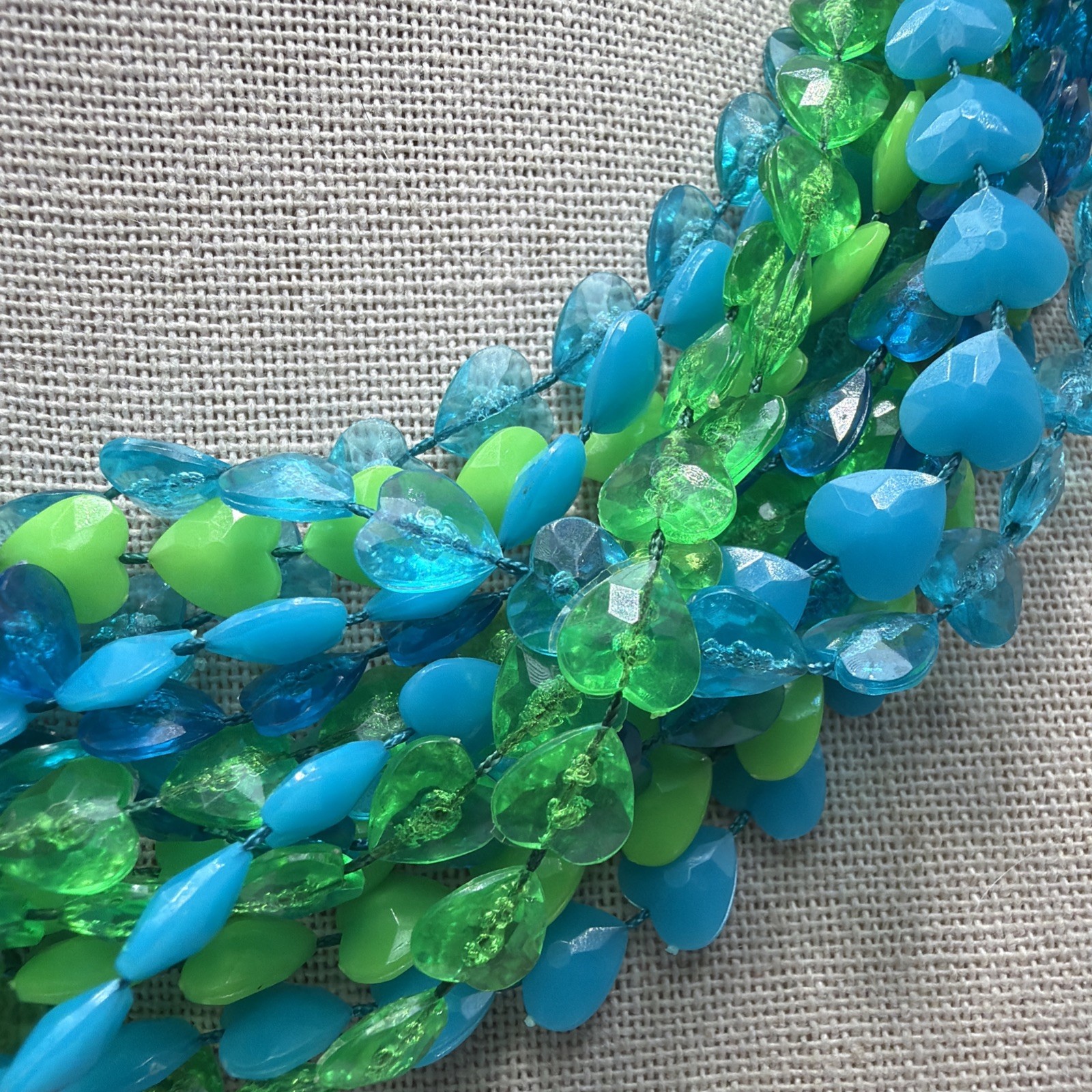 Vintage Multi Strand Hearts Necklace Acrylic Green & Blue Gold Toned Size 16”