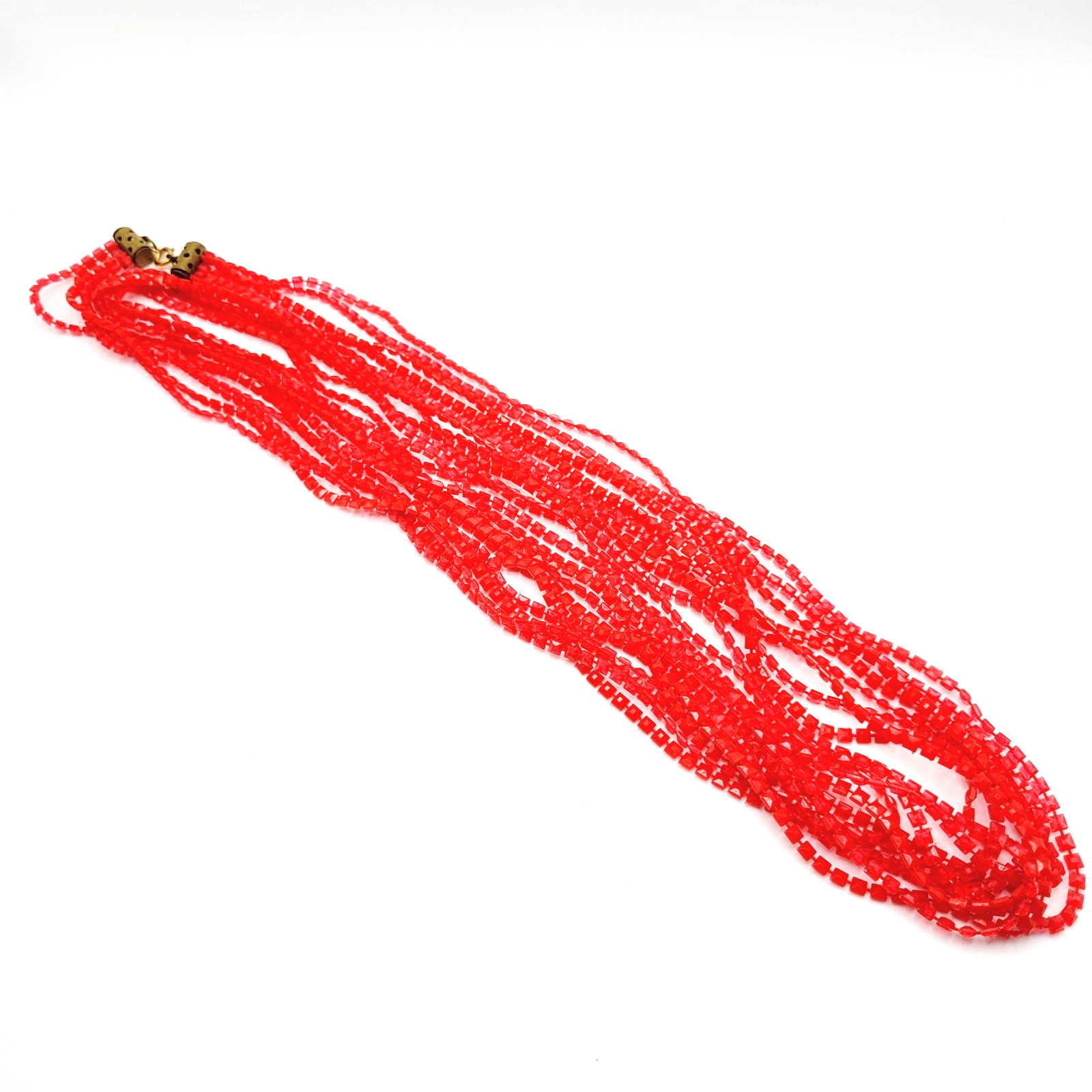 Vintage Red Multi Strand Plastic Square Beaded Solid & Clear Bead Necklace 48 In
