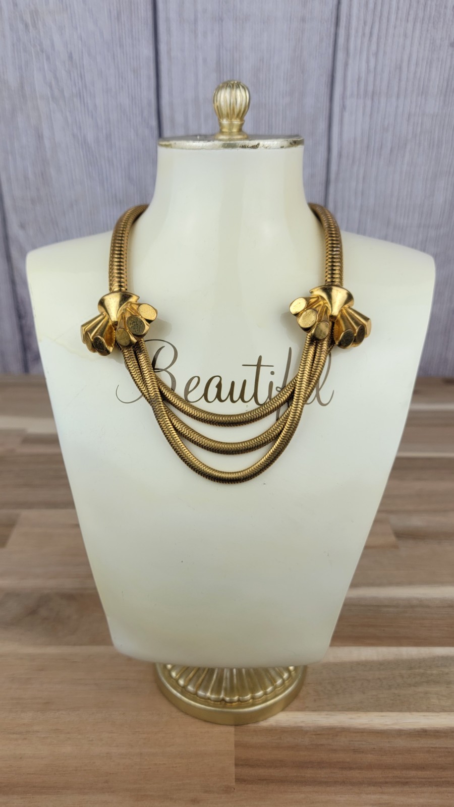 Vintage Art Deco 3 Band Flexible Snake Chain Gold Tone Necklace Choker 16″