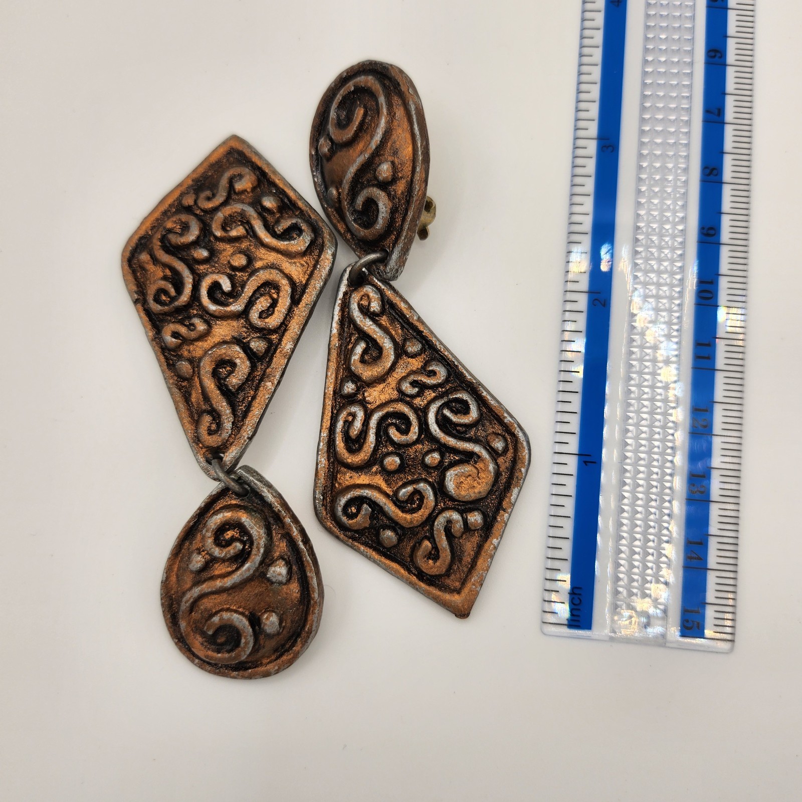 Vintage Copper Tone Brutalist Scrollwork Dangle Clip-On Large Statement Artisan