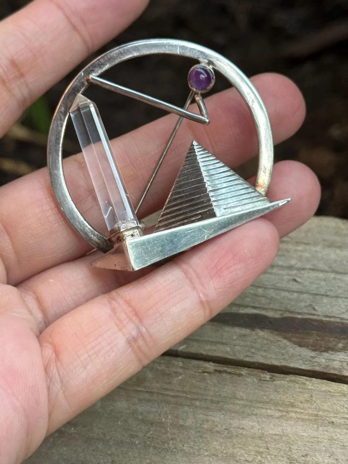 Artisan vintage brooch 925 sterling silver Bergkristall Amethyst