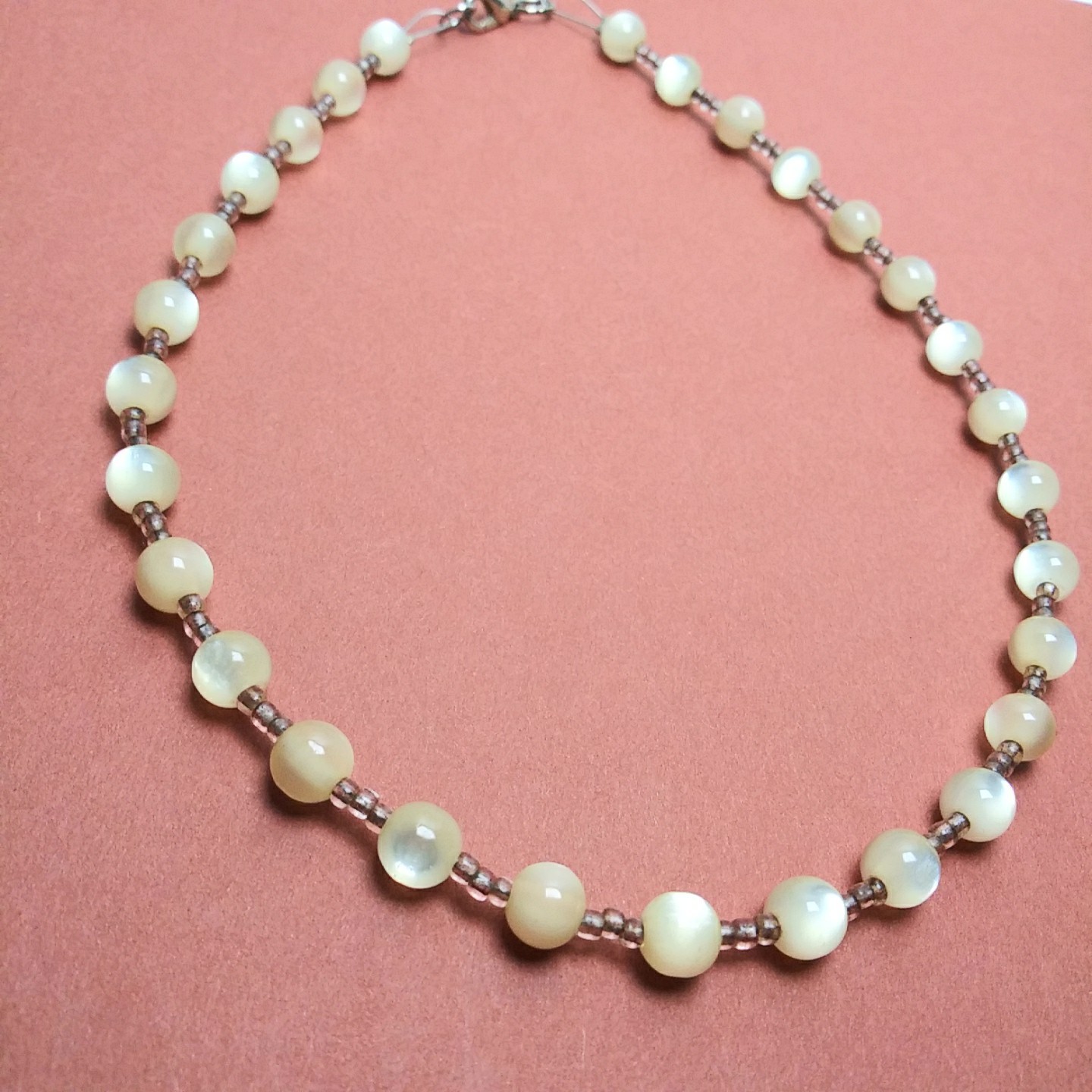 Moonglow Lucite & Glass Bead Choker Necklace 14″ Handmade Vintage Beads