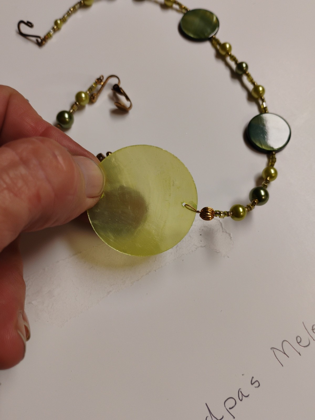 Green Shell and Green Mother Off Pearl Pendant Green Pearl 20″None Pierced Earri