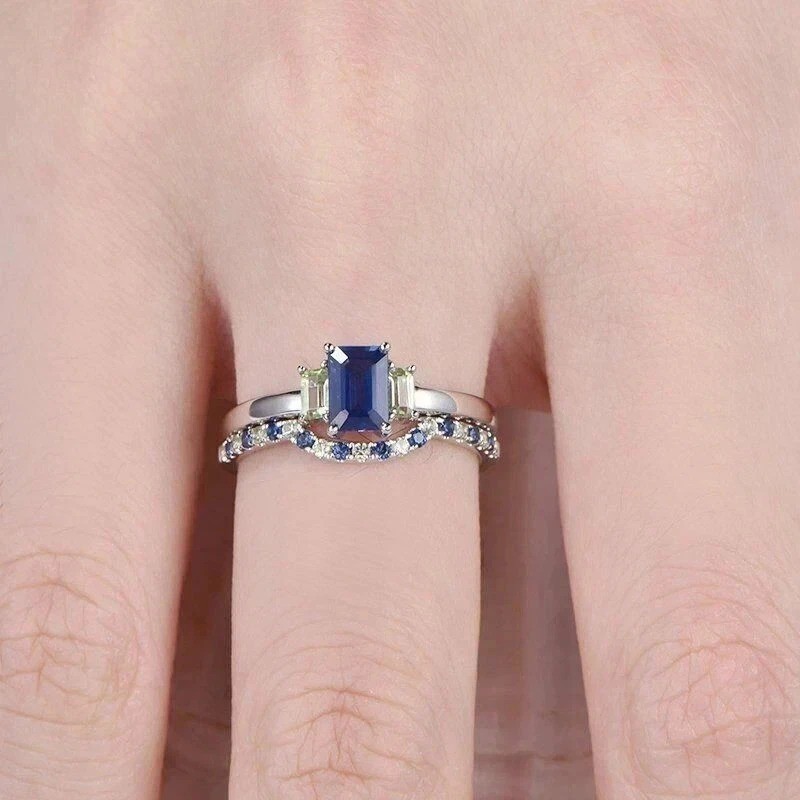 2.2Ct Emerald Cut Lab Created Sapphire & Diamond Engagement 14K Gold FN Ring Set