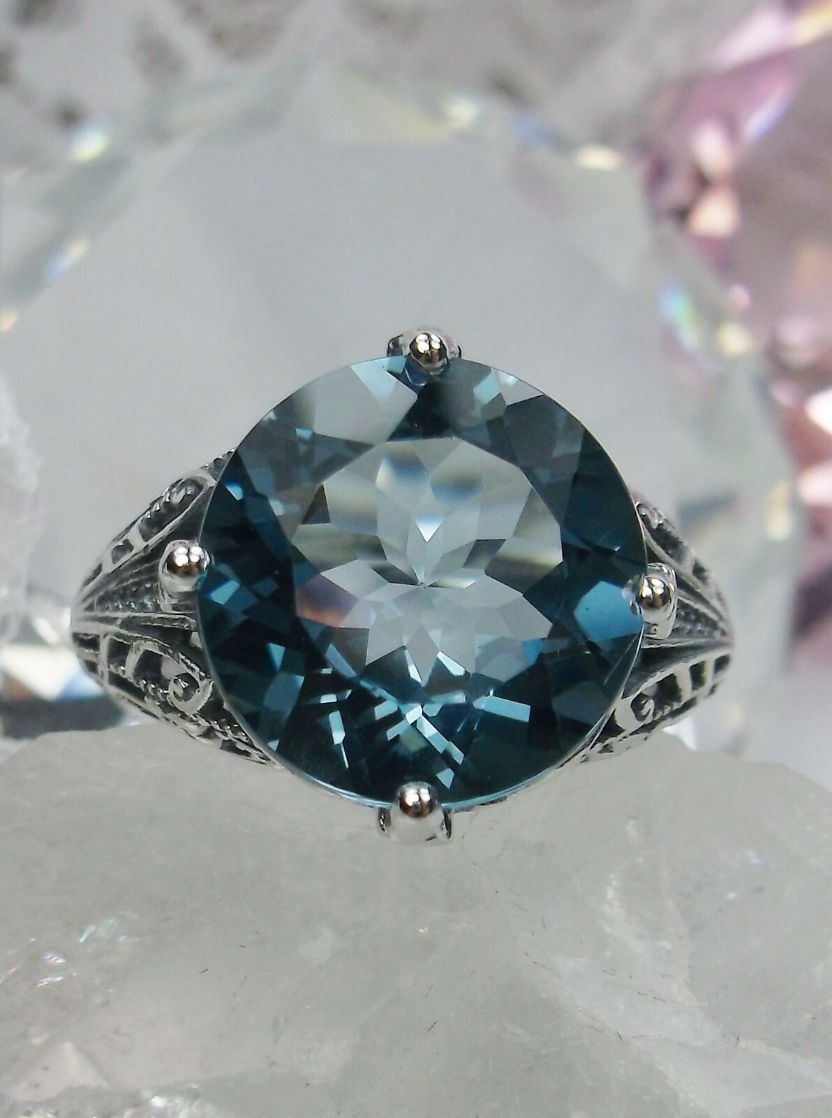 NATURAL London Blue Topaz Sterling Silver Filigree Ring Made To Order D#54