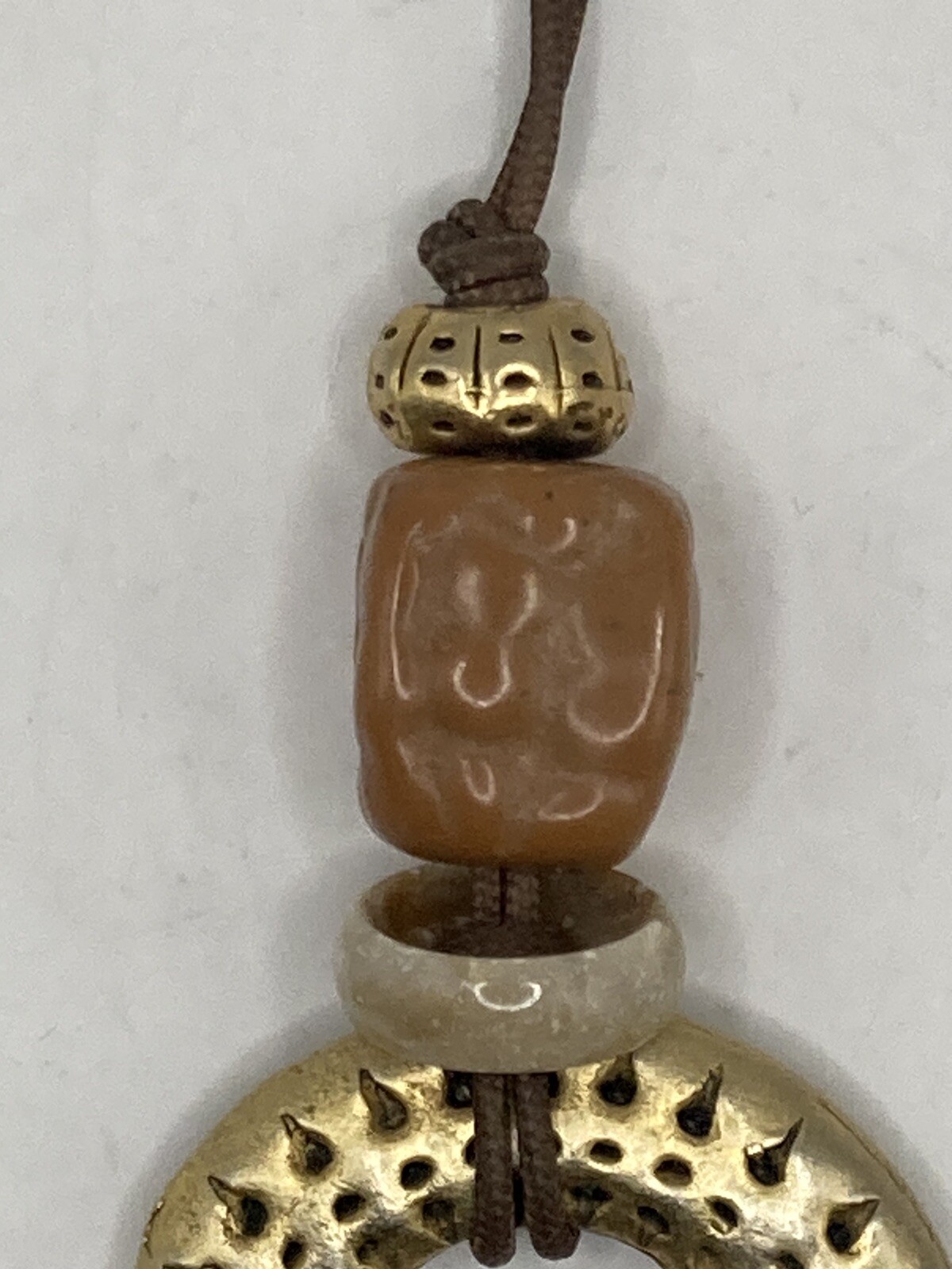 Vintage Necklace Signed EH Etruscan Medallion Circle Goldtone on Cord Earthy 32”