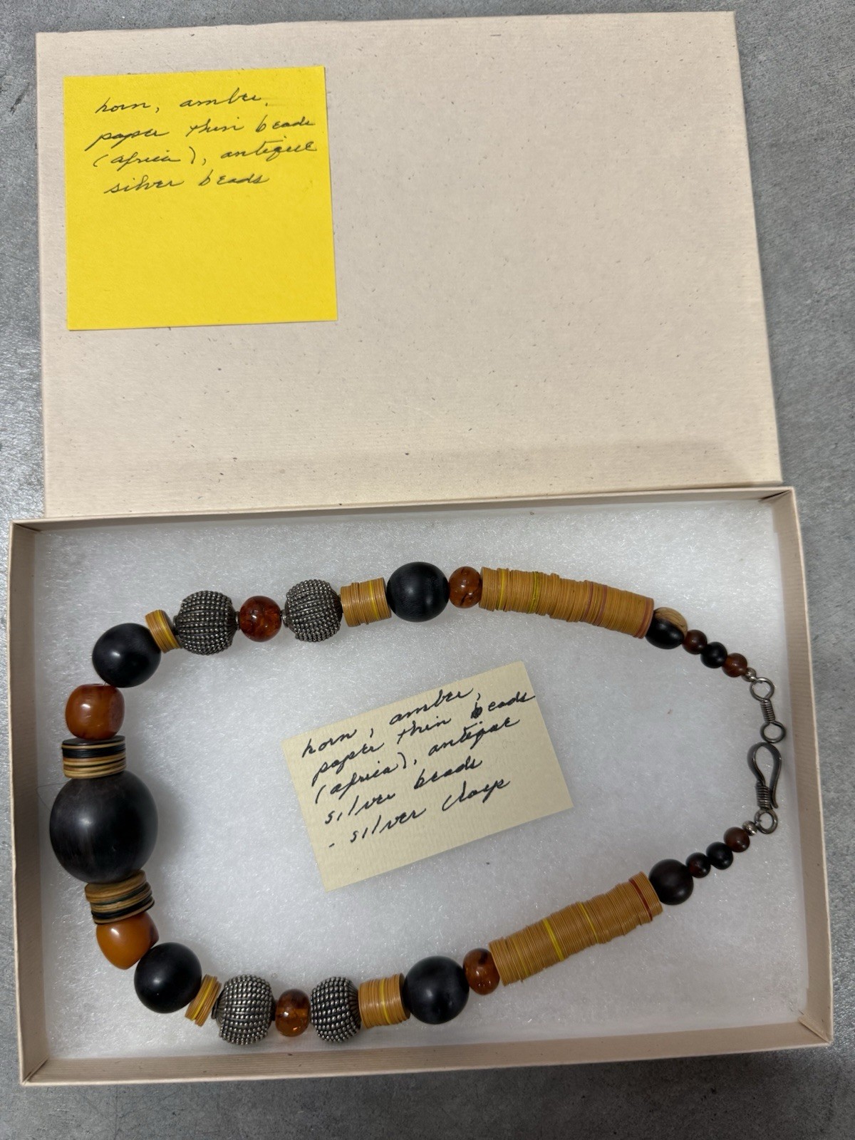 Vintage Chunky Ethnic Statement Necklace – Horn, Amber, African Paper Beads