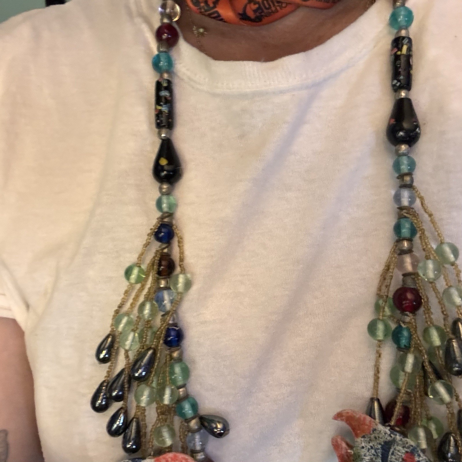 Vintage Tropical Triggerfish Necklace. Beaded, Large, Leave With Rope Tie.