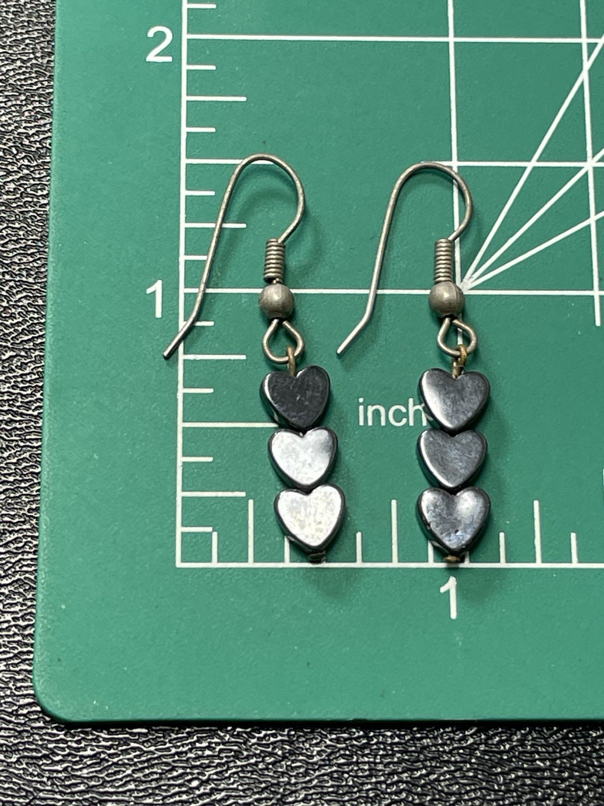 Vintage 1.5” Silver Hematite Gemstone Heart Beaded Dangle Earrings
