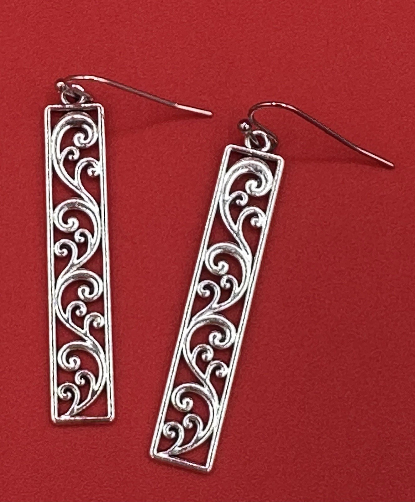 Vintage-Style Silver Tone Carved Pattern Dangle Earrings 2 Inches Zinc Alloy