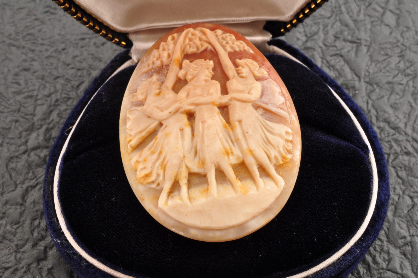 Vintage oval shell cameo, “Dancing Goddesses” (38.5ct) sign by artist with case.