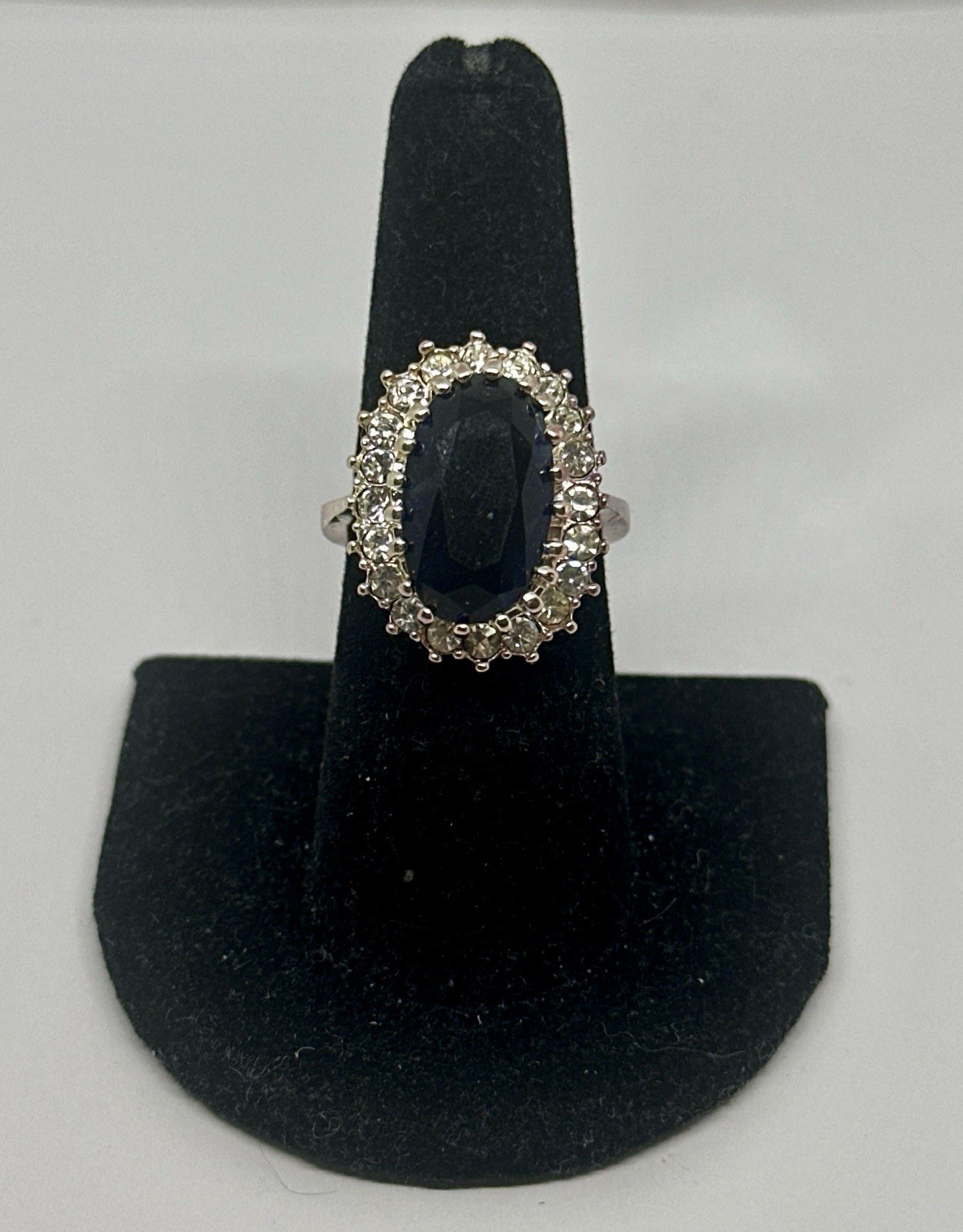 Rose Gold Dark Blue Oval Faceted Stone & Rhinestone Halo Ring Size 7