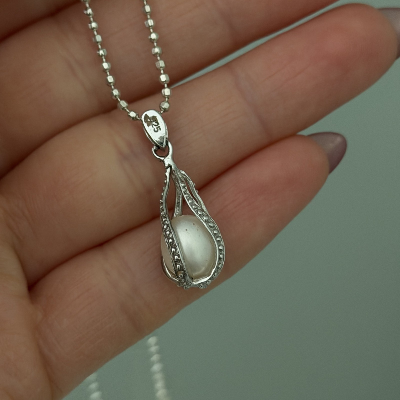 925 Sterling Silver Genuine Caged Pearl Bead Ball Chain Necklace 16″
