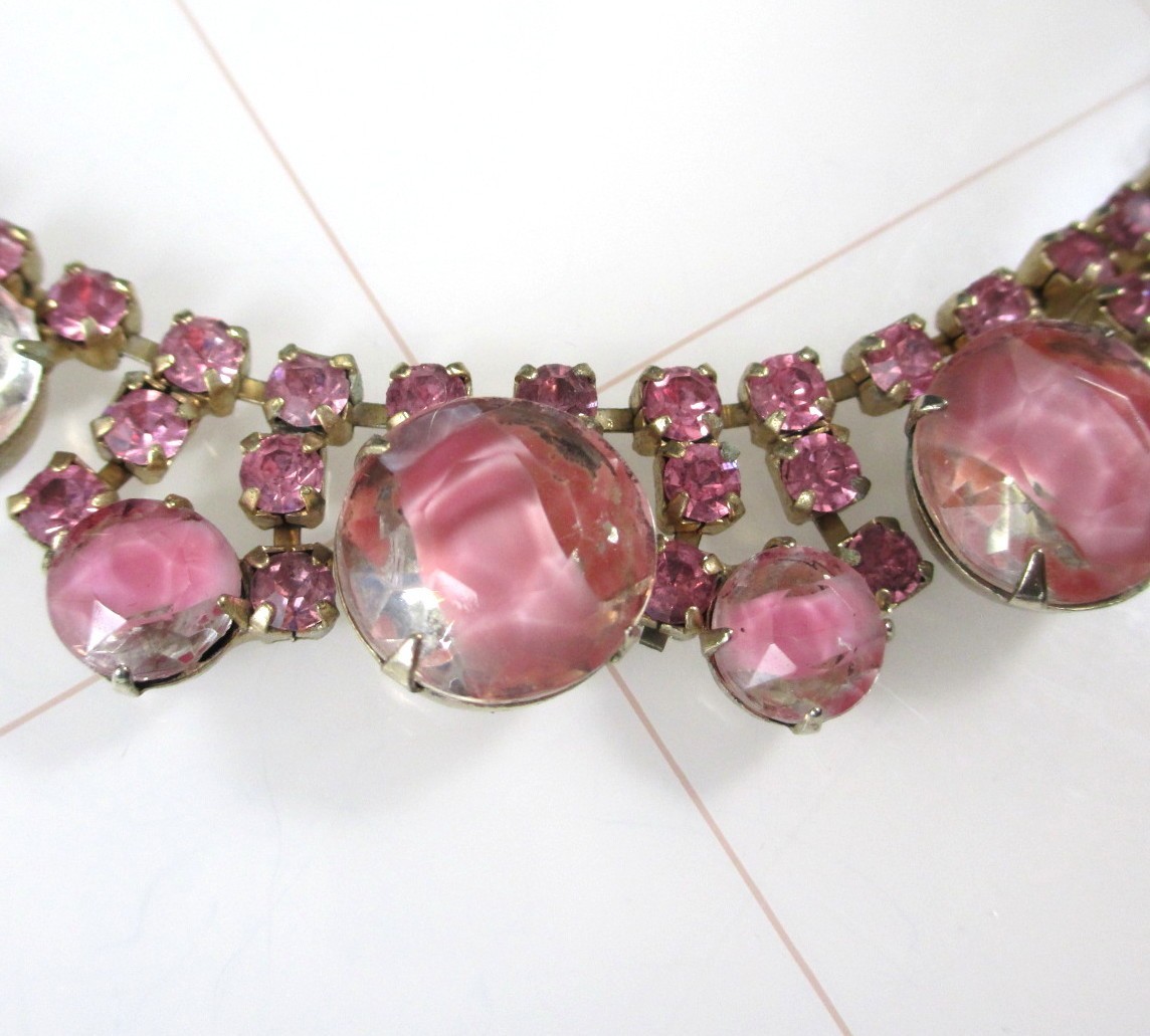 Vintage Pink Rhinestone Choker Necklace Mid Century Statement