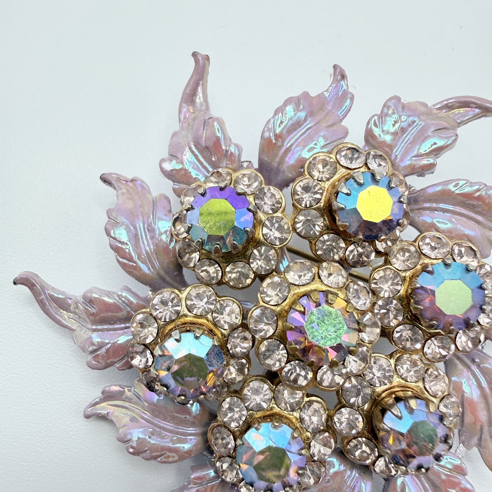 Selini Pearlescent Pink Rhinestone Pin Brooch Aurora Borealis Crystal Vintage