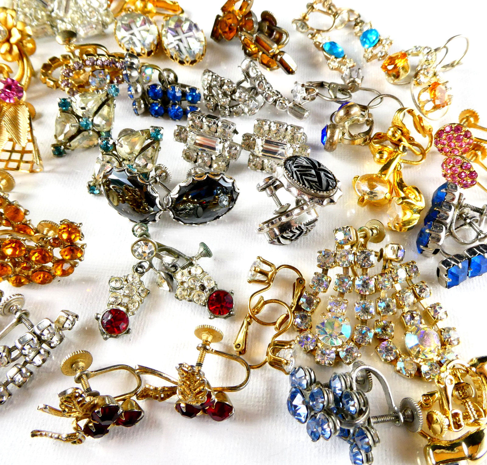 Vintage Rhinestone Screw Back Earrings Lot 25 Pairs ALL SPARKLE Multi Color Stns