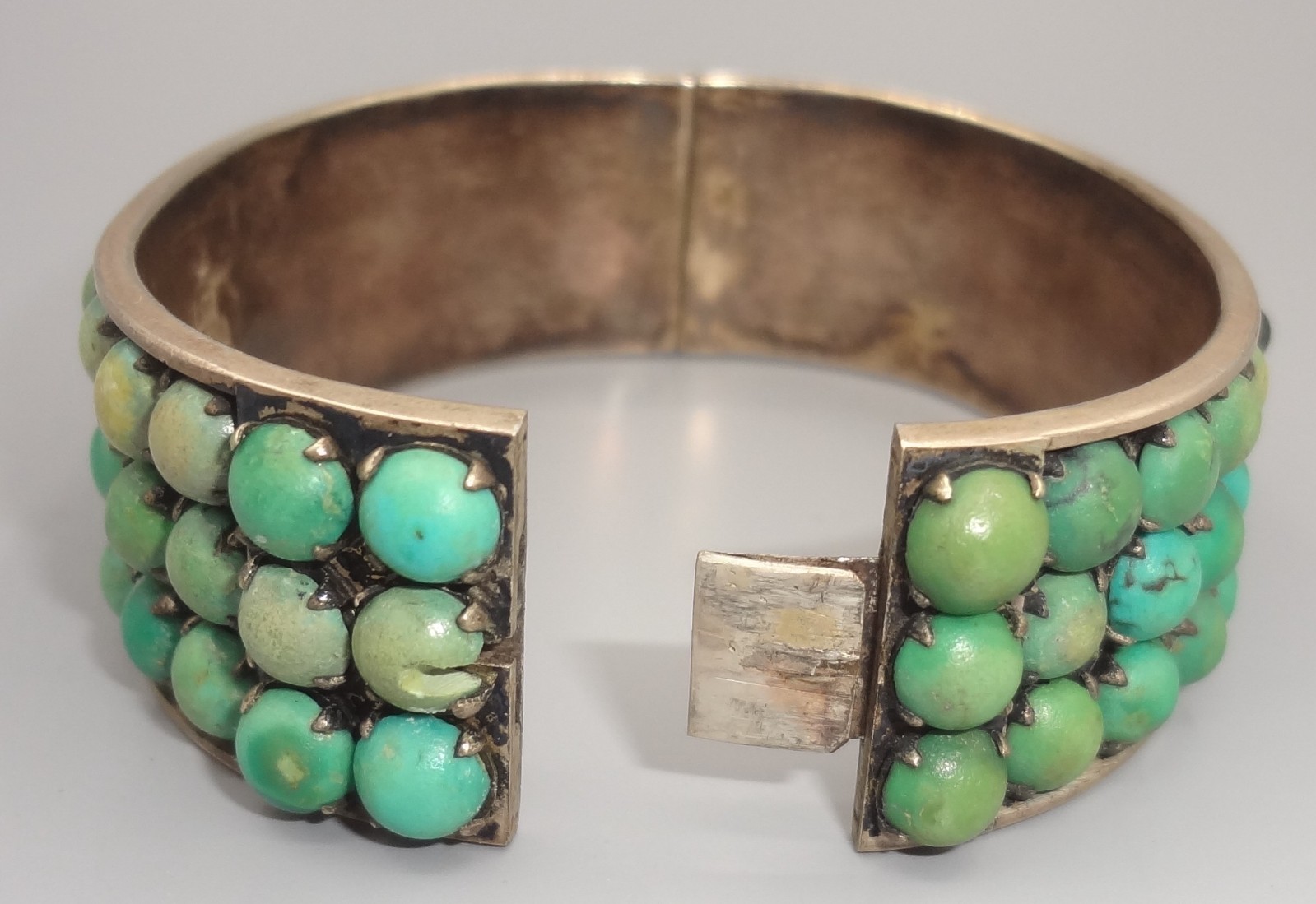 Antique BEE CHINA SILVER Chinese Export 3 Row Turquoise Cuff Bracelet READ
