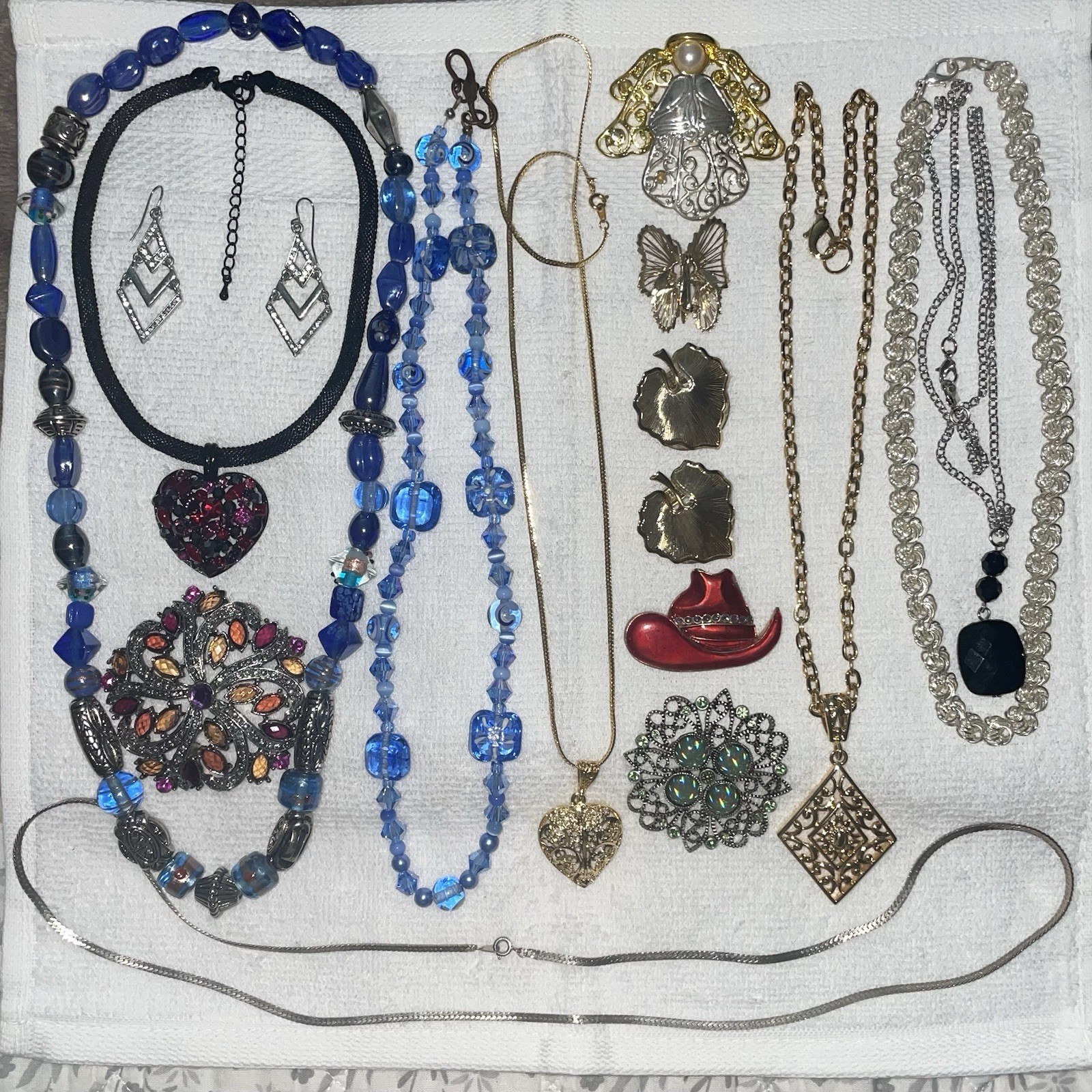 17pc Vintage Jewelry & Pin Lot Rhinestone Crystal Beads Gold-Silver Color Metal